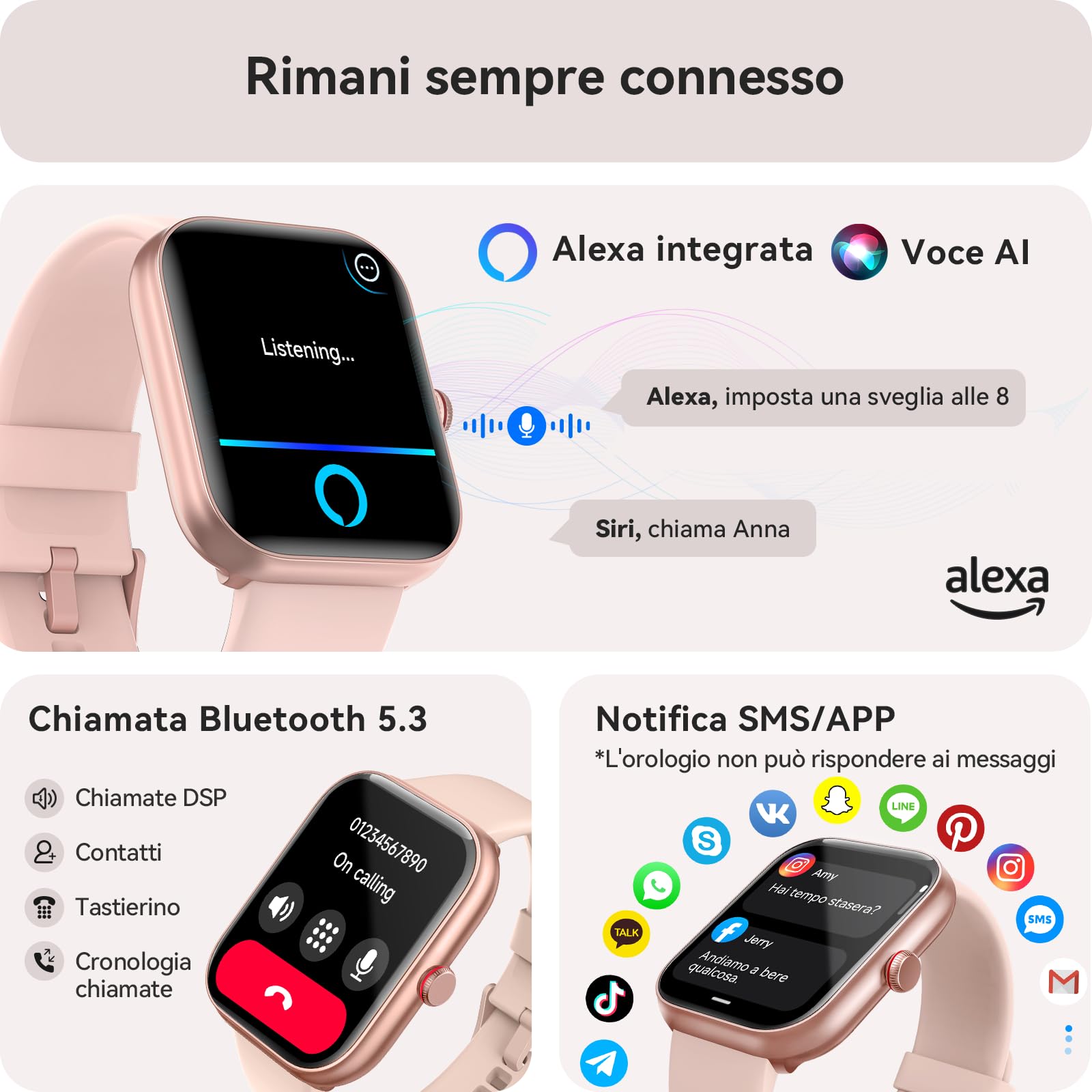 Smartwatch Donna, 1.91" Orologio Smartwatch con Chiamate Bluetooth e Alexa, Fitness Tracker con Contapassi, Cardiofrequenzimetro/Sonno/SpO2/110 Sportive, IP68 Smart Watch Donna per Android iOS Rosa