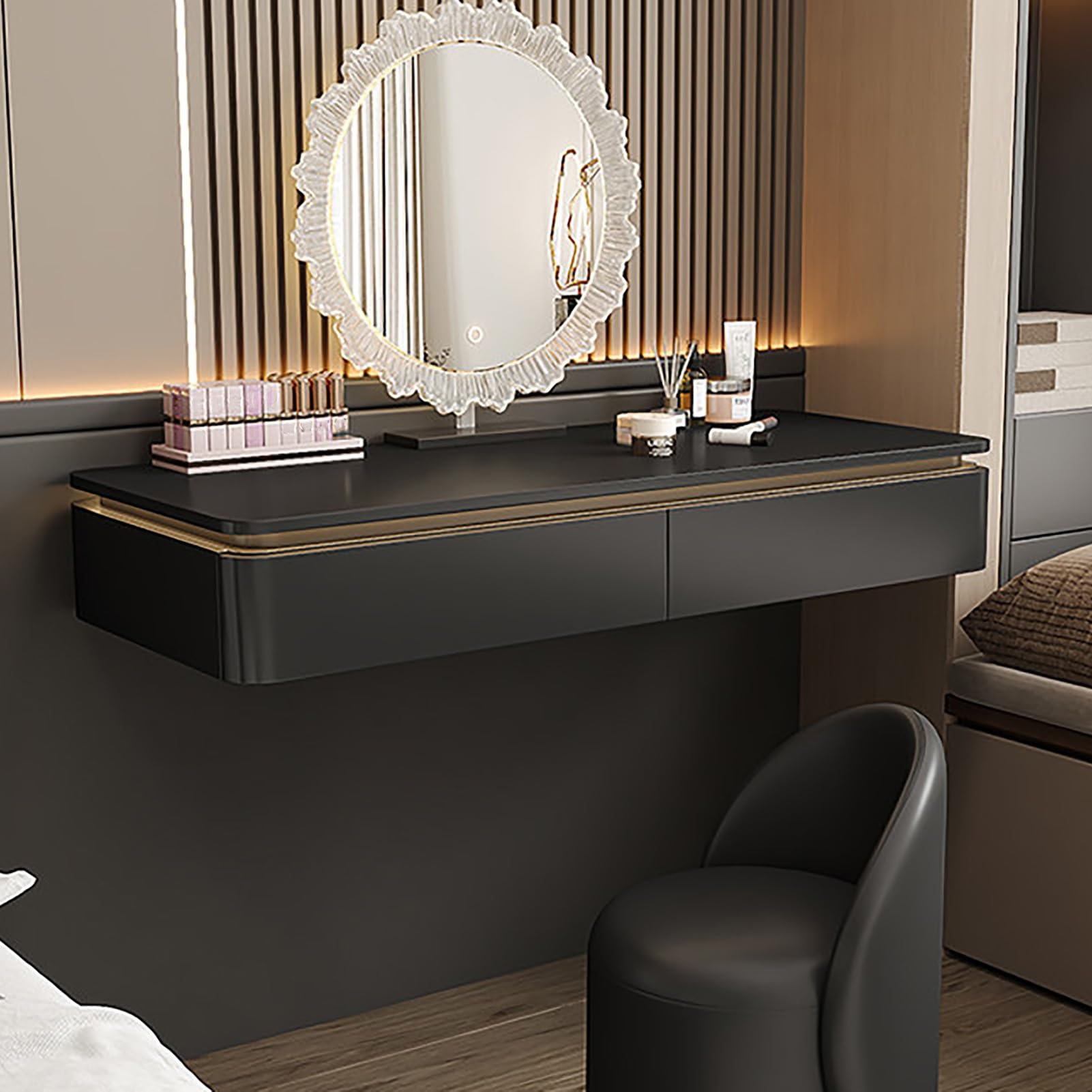 Tavolo da Trucco a Parete con vano portaoggetti, per organizzare Trucchi e Gioielli, con Luce LED a sensore, Ideale per Camera da Letto, Soggiorno e Ufficio (Nero, 80 cm/31,5 Pollici)