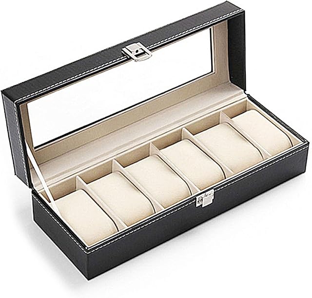 Bigzzia 6-Slots Watch Box Black Synthetic Leather Watch Display Storage Case with Glass Lid Jewellery Box with Beige Velvet Lining, Cushions and Lock for Men/Women
