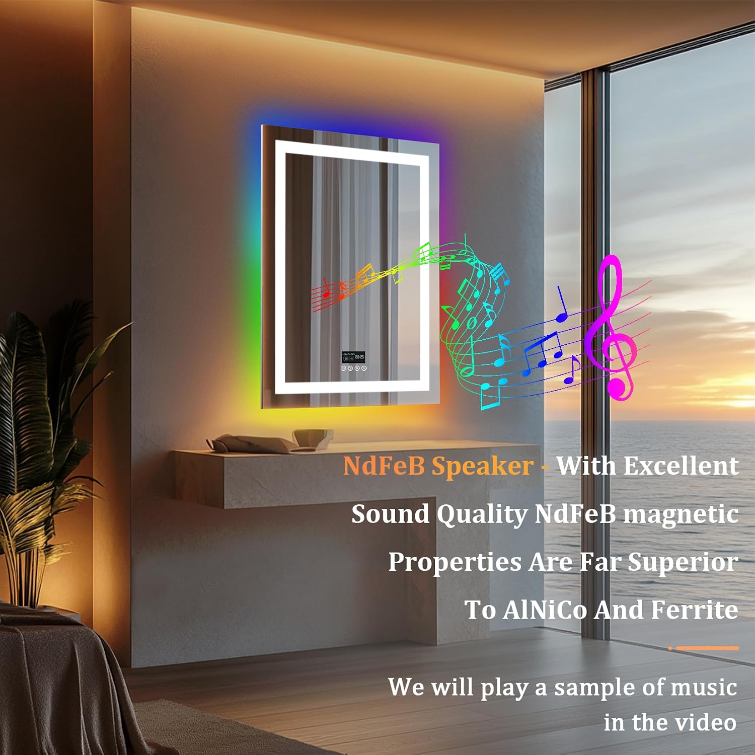 LUVODI Smart LED Bathroom Mirror with NdFeB speaker description and music notes.