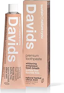 Davids Fluoride Free Toothpaste, Teeth Whitening, Antiplaque, SLS (Sulfate) Free, Promotes Enamel Health, Mouth &amp; Gum Detox, EWG Verified, Natural Herbal Citrus Mint, 5.25oz