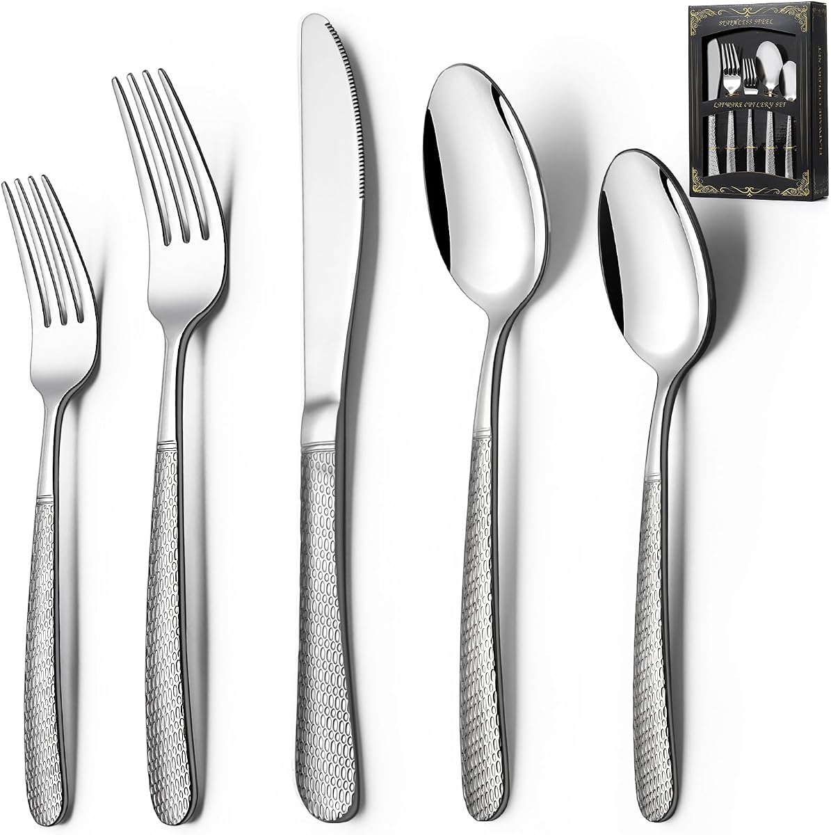 Juego de cubiertos martillados de 40 piezas, juego de cubiertos de acero inoxidable Deedro para 8 | Juego de cubiertos de vajilla resistente de calidad alimentaria, juegos de utensilios para restaurante en casa, acabado espejo, apto para lavavajillas