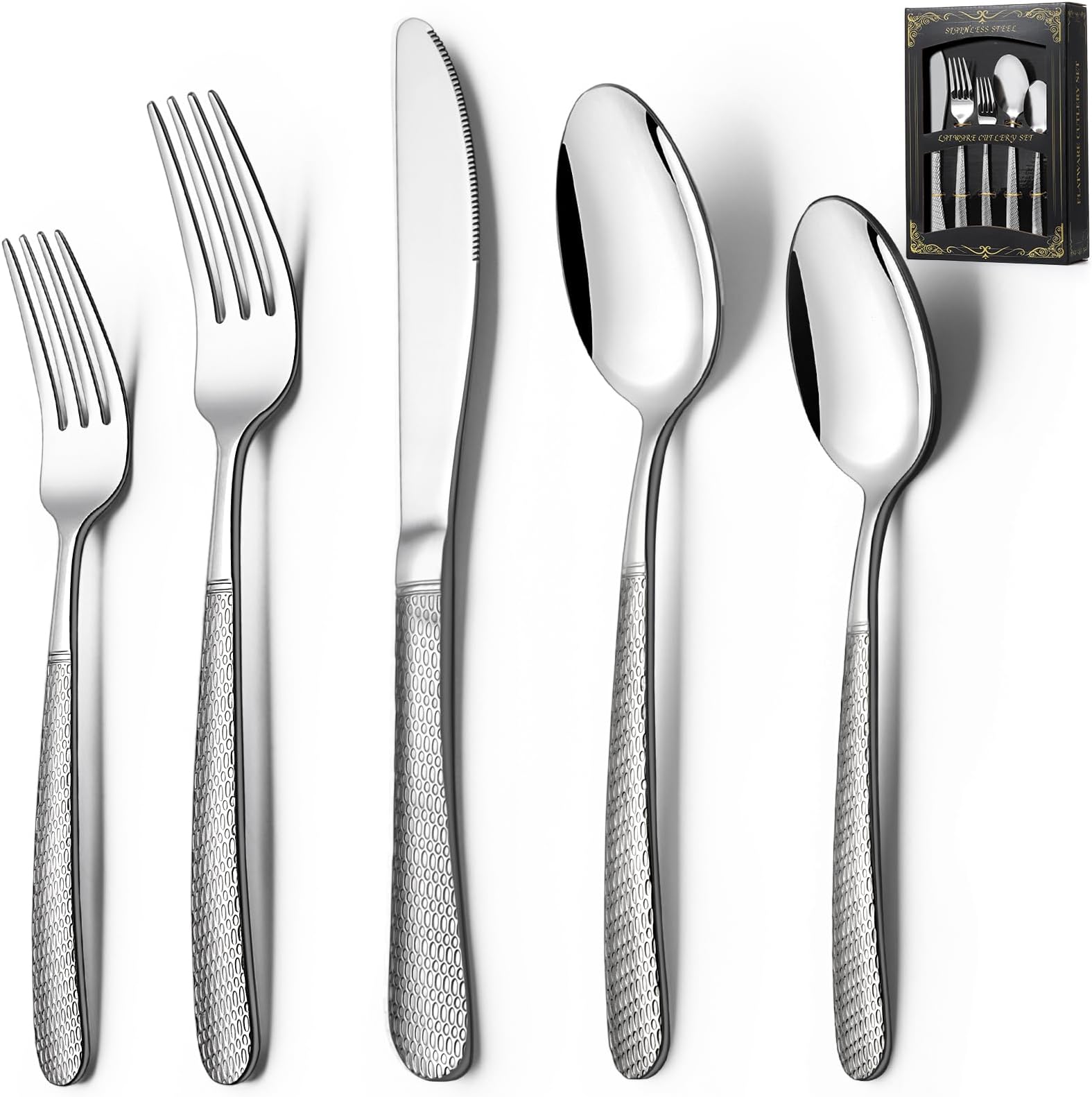 Deedro40-Piece Hammered Silverware Set, Stainless Steel Heavy Dury Flatware Set for 8, Food-Grade Tableware Cutlery Set, Utensil Sets for Home Restaurant, Mirror Finish, Dishwasher Safe