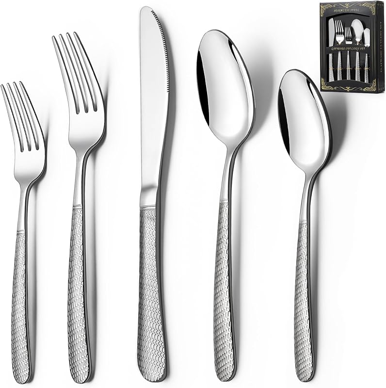 Juego de cubiertos martillados de 40 piezas, juego de cubiertos de acero inoxidable Deedro para 8 | Juego de cubiertos de vajilla resistente de calidad alimentaria, juegos de utensilios para restaurante en casa, acabado espejo, apto para lavavajillas