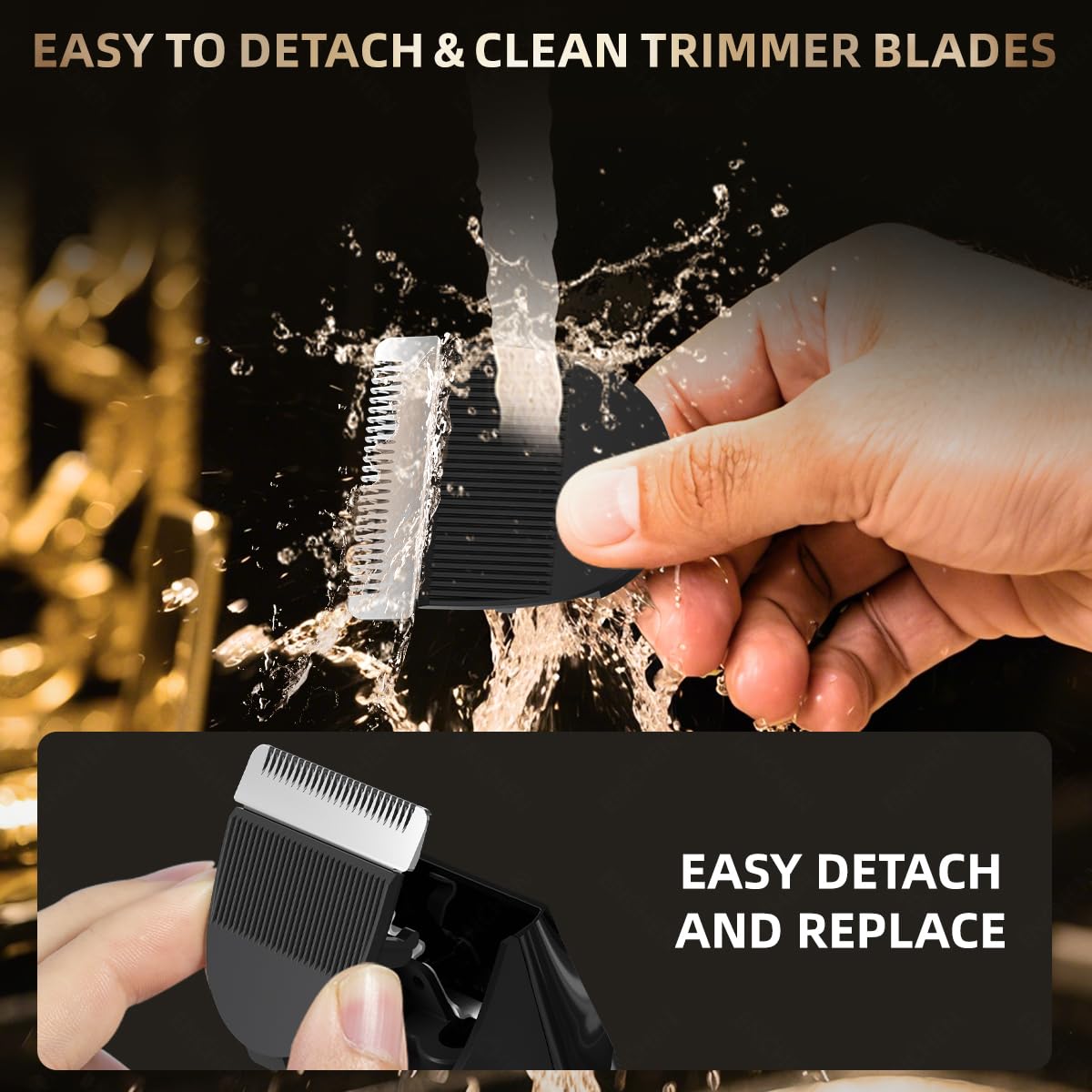 Sequence of images showing how to clean the ENCHEN Spark 3 Trimmer blades: brushing, rinsing, wiping, and oiling.