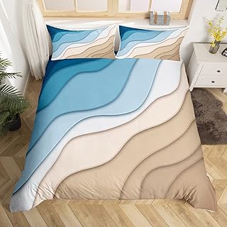 Geometric Lines Duvet Cover Queen Size,Blue White Brown Gradient Comforter Cover with 2 Pillowcase for Teens Adults,Kids Modern Simple Bedding Set,Wave Curve Breathable 3 Pieces Decorative Bed Cover