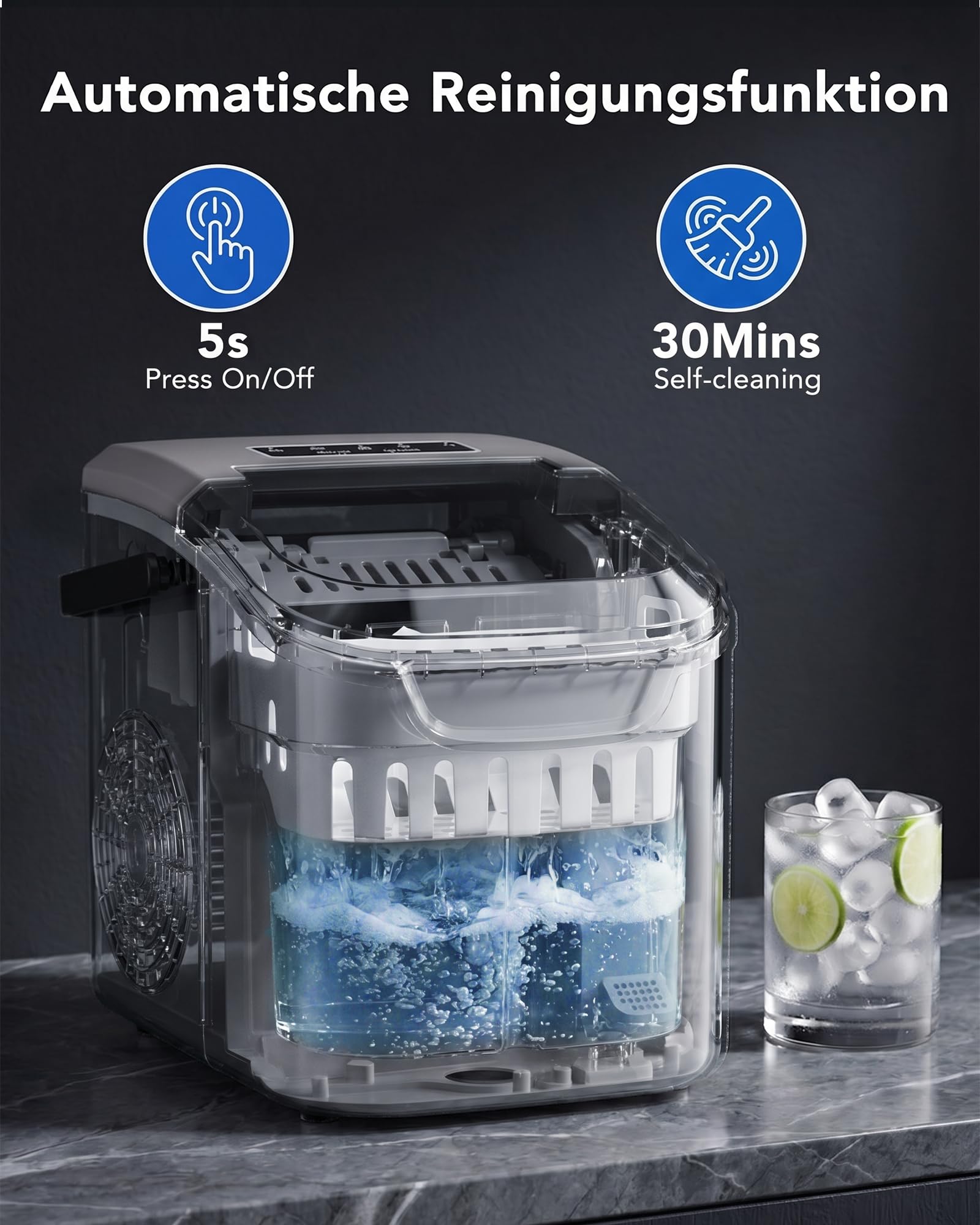 Kismile Macchina per cubetti di ghiaccio per piano di lavoro, 8 cubetti di ghiaccio in 6 minuti, 11,8 kg/24 ore, altamente efficiente, portatile, con maniglia, cestino e pala, cucina e ufficio, grigio
