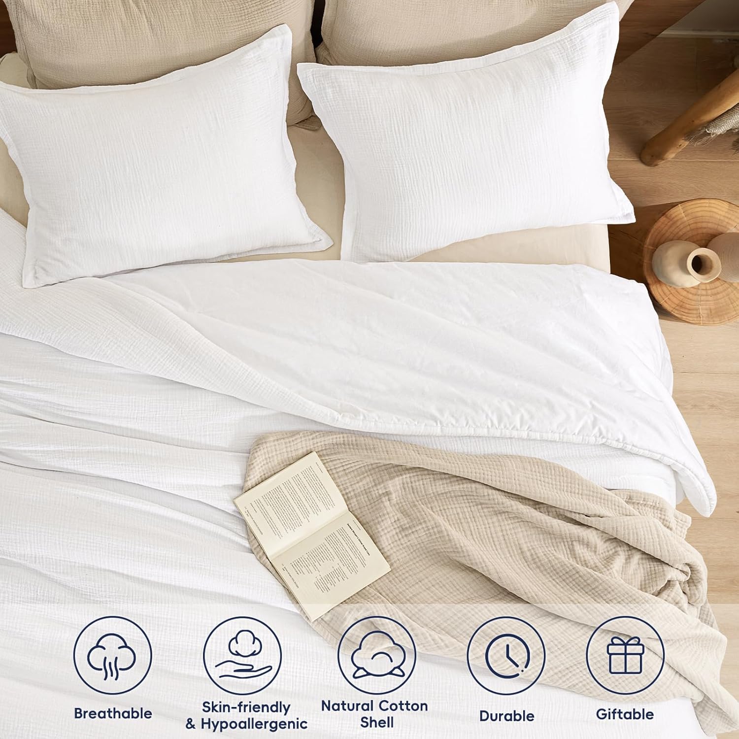 phf cotton muslin comforter set king size, ultra soft, breathable & lightweight all-season bedding, filling: 100% polyester, 3 pieces with 1 comforter 104"x90" and 2 pillow shams 20"x36", white king white