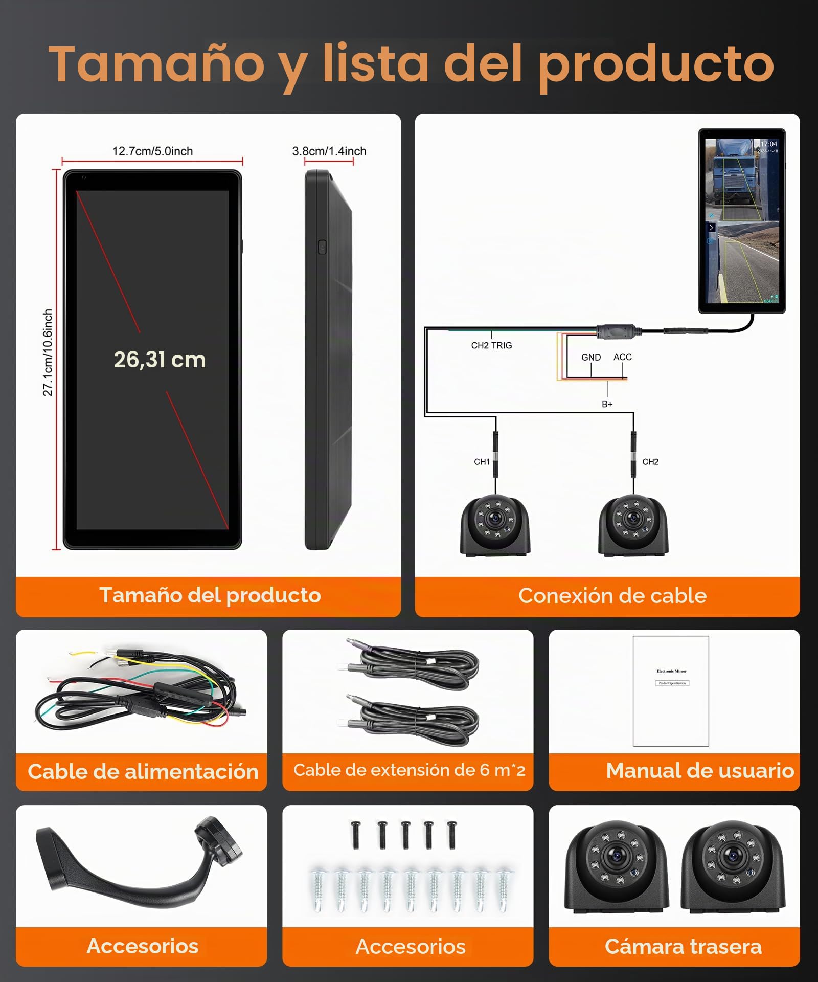 LKW Espejo retrovisor Dashcam con 2 cámaras de marcha atrás, espejo retrovisor de pantalla vertical para camiones y autobuses, 10,36 pulgadas pantalla táctil con sistemas BSD/DVR/grabación en bucle