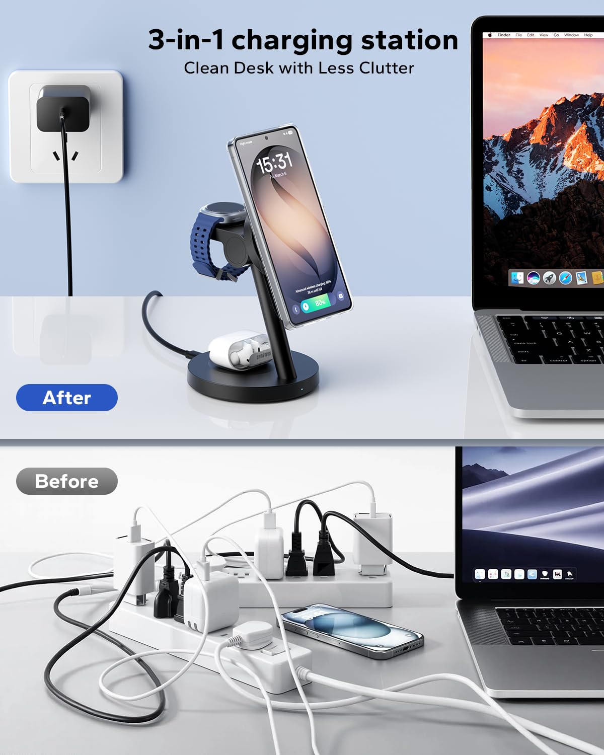KPON Magsafe Station de Charge 3 en 1 pour Apple Watch et iPhone, Station de Charge Magsafe pour iPhone 17~12, Apple Watch 11~2, AirPods