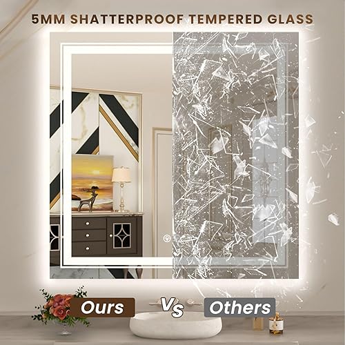 Miniatura 2 de Espejo de baño LED RGB de 36 x 36 pulgadas con retroiluminación y 3 luces delanteras, espejo LED regulable continuo para baño, espejo de tocador de