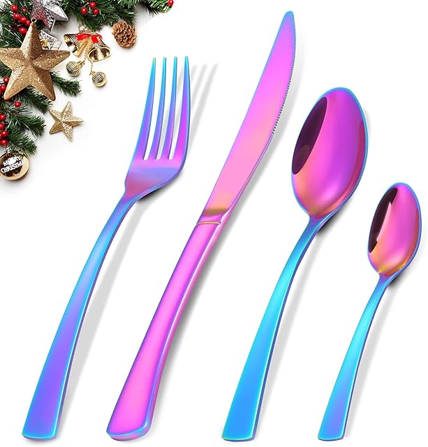 Cutlery Set, BEWOS 16-Piece Rainbow Stainless Steel Flatware Set, Silverware Tableware Set with Spoon Knife and Fork Set, Service for 4, Easy Clean/Dishwasher Safe, Mirror Polished