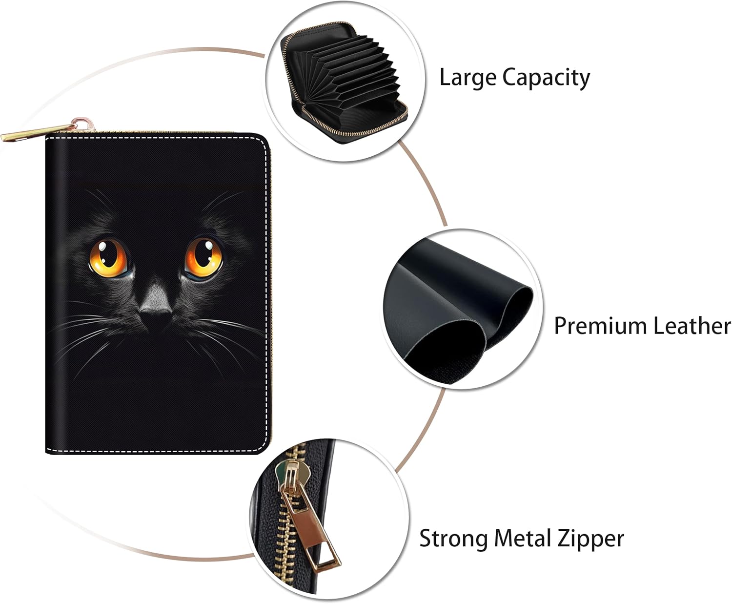 Credit Card Holder Wallets for Women, RFID Blocking Small Leather Card Case Wallet with Zipper Accordion Wallets, Cute Black Cat Face - Image 3