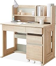 LOWYA ロウヤ Study Desk Set with Storage Wood Grain Finish with Cord Slot Width 39.4 inches (100 cm) Oak/Light Gray