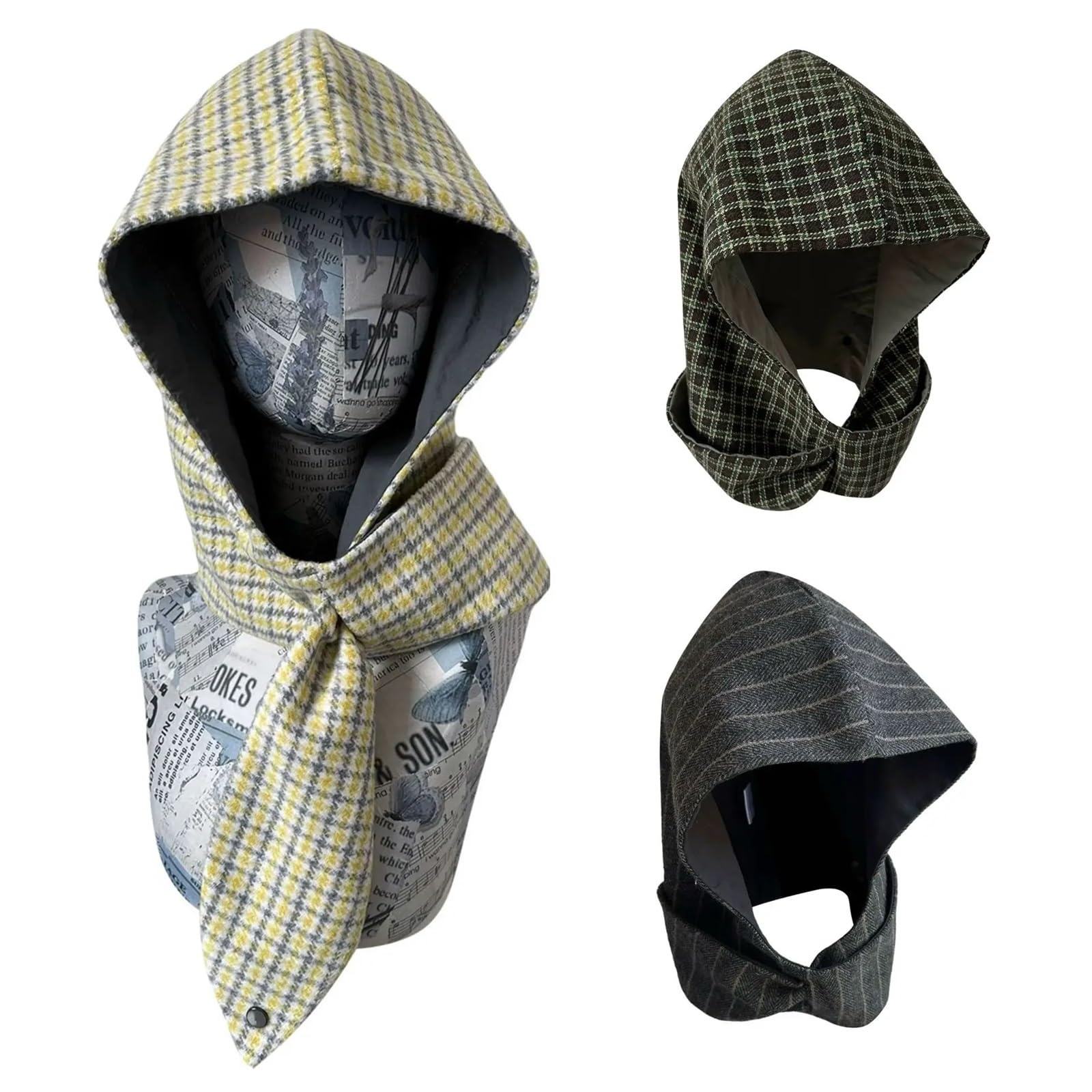 Bufanda con Capucha cálida for otoño e Invierno, Gorro de Cuadros Amarillo, pañuelo Integrado for la Cabeza para Esquí Correr