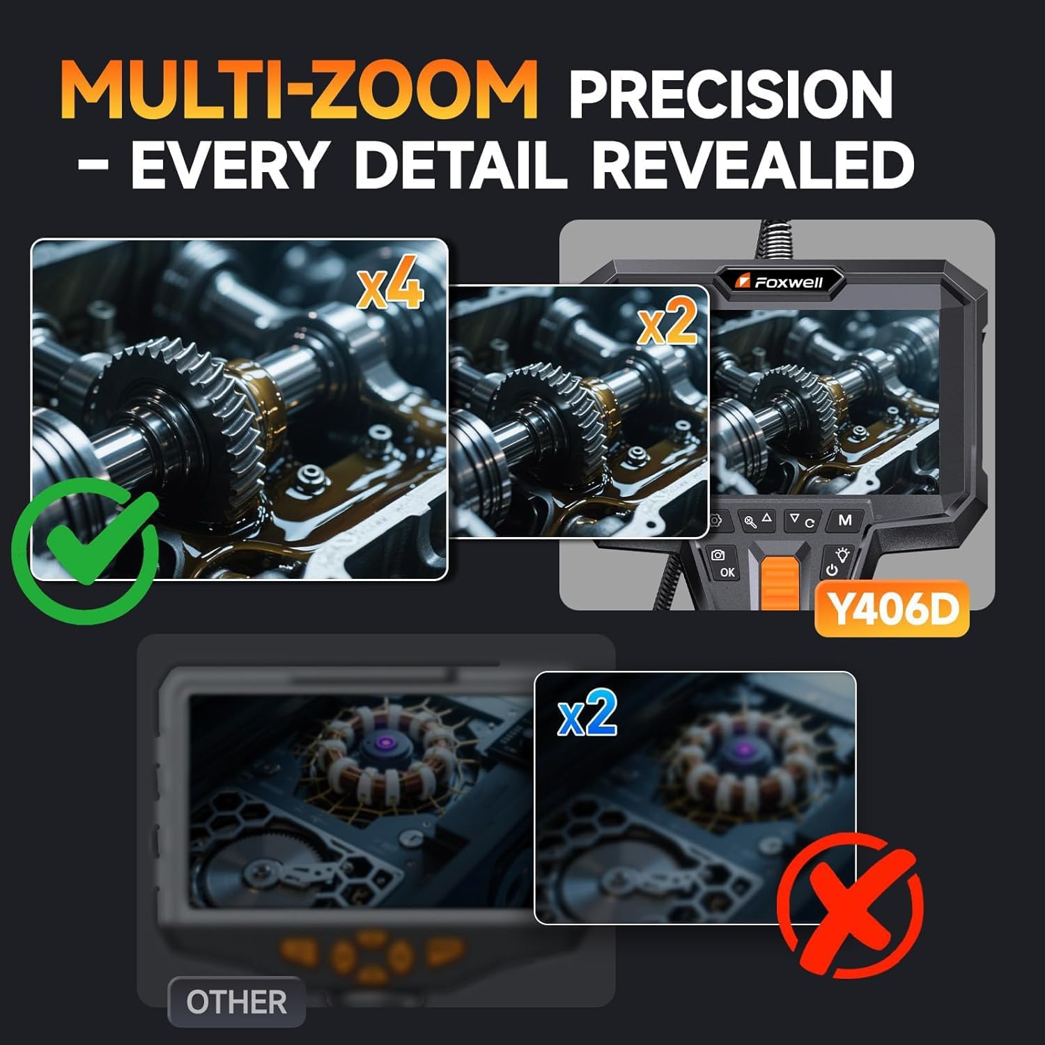 FOXWELL Dual Lens Articulating Borescope, 0.25in Slim 220° Two-Way Endoscope Camera with LED Light, IPS HD Screen, IP67 Waterproof Snake Camera for Automotive, Pipe, Wall & Engine Inspection – 5.3FT