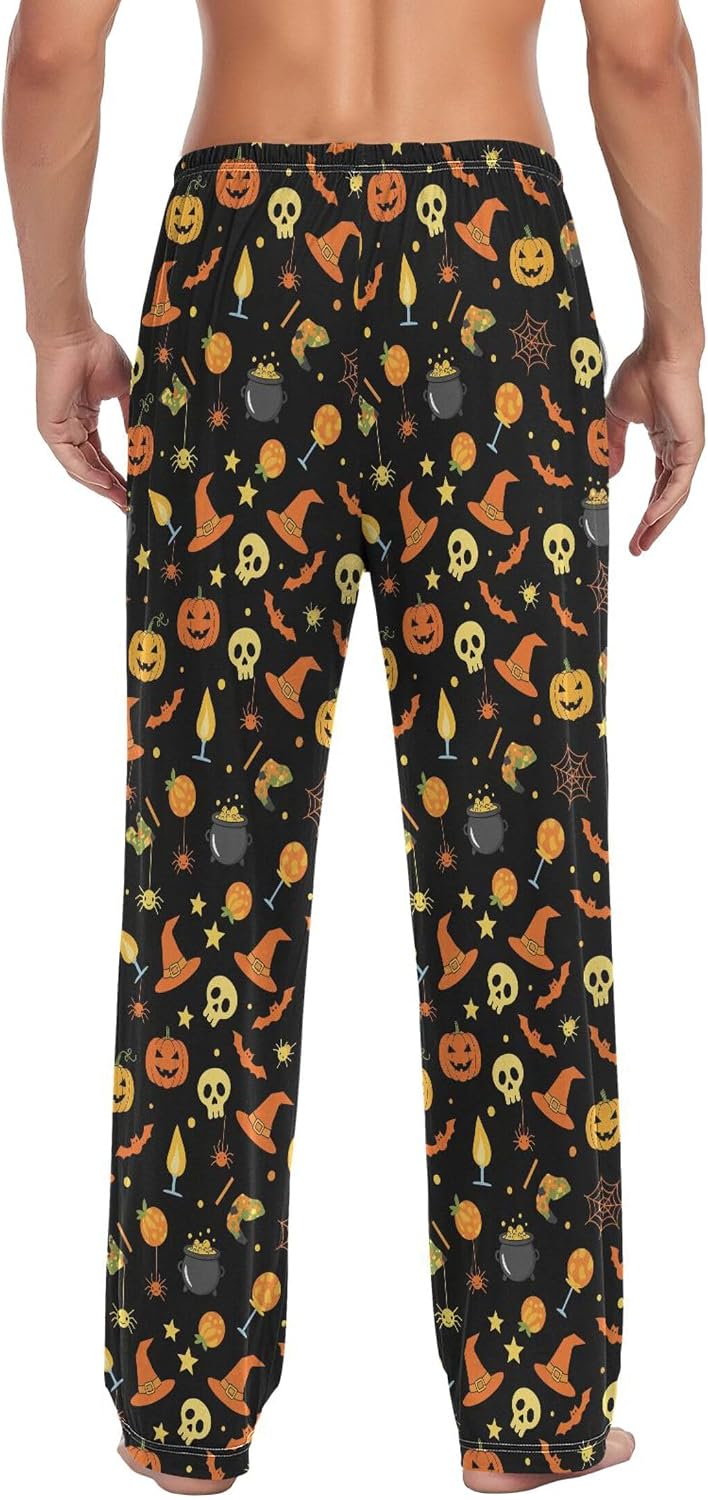 Halloween Black Hat Bats Men's Pajama Pants Casual Men Pajama Bottoms with Pockets Straight-Fit Sleep Lounge for Men, S