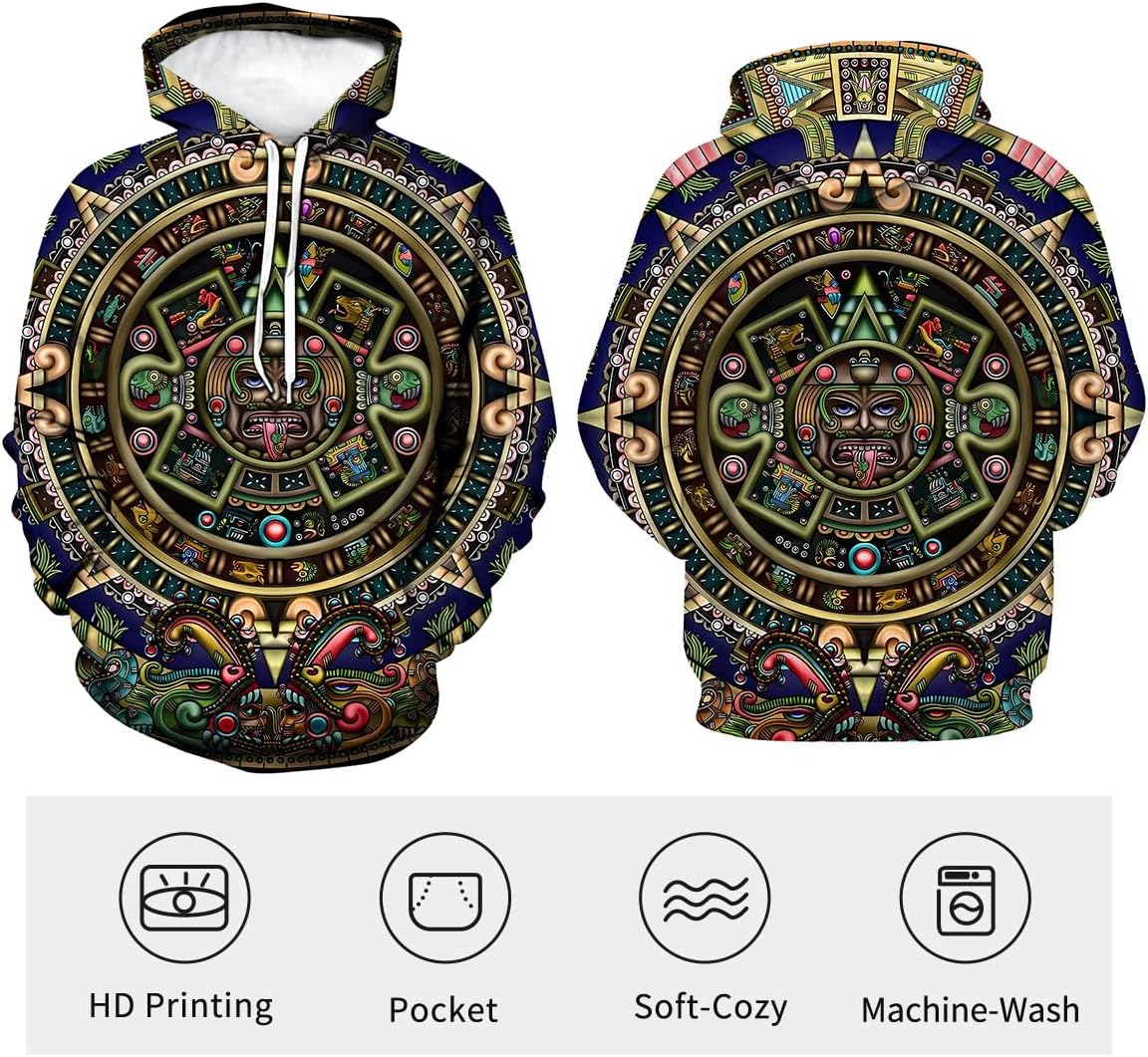 LAOLIUSN Men's Aztec Hoodie with Mayan Totems Design Mexican Themed Printed Sweatshirt - Image 3