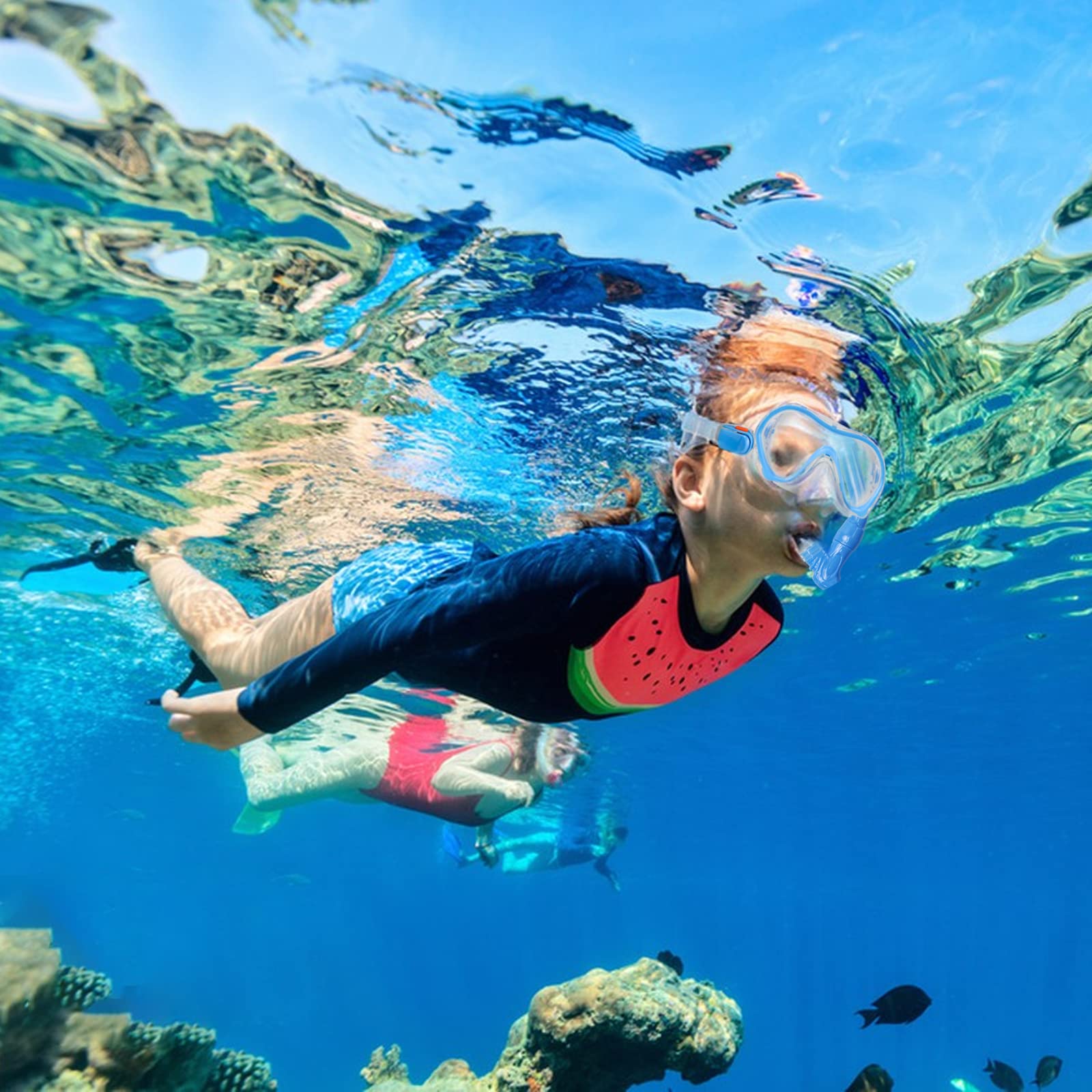 Set da snorkeling per bambini, pinne regolabili + maschera panoramica + tubo da snorkeling asciutto + borse da viaggio - adatto per bambini e ragazzi, età 5-14 anni