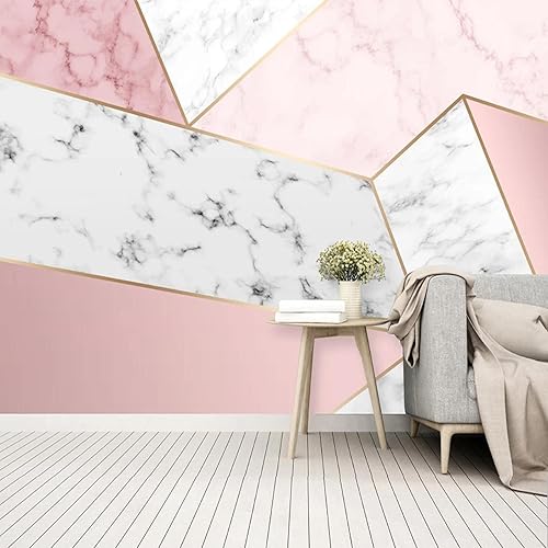Miniatura 2 de KEMULOI Papel tapiz moderno de mármol rosa blanco con grietas murales de pared 3D a rayas doradas papel de pared geométrico grande extraíble papel