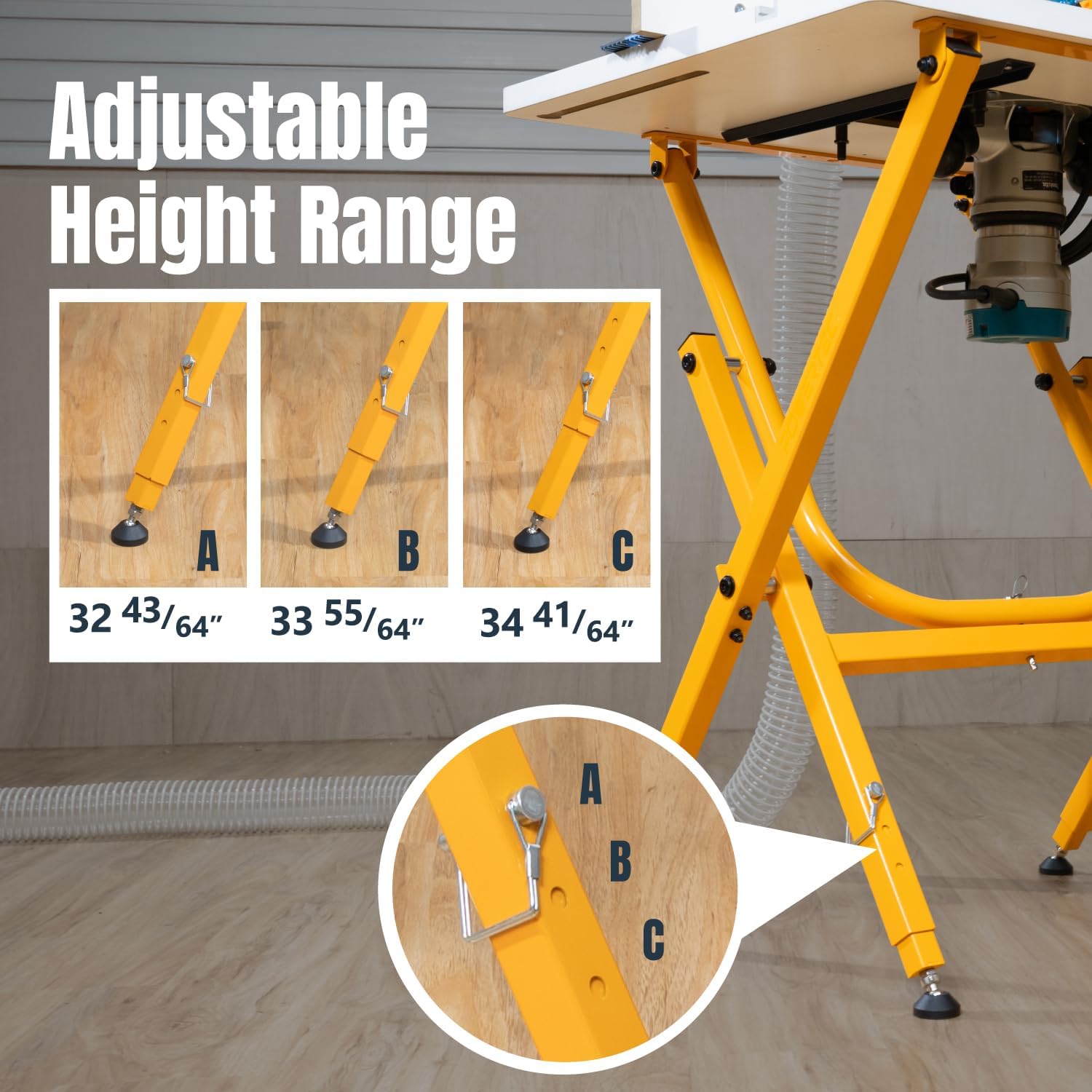 POWERTEC Folding Work Stand for Router Tabletop - Adjustable Height 32.7" to 35", Heavy Duty Steel, Portable Workbench Stand (UT1010)