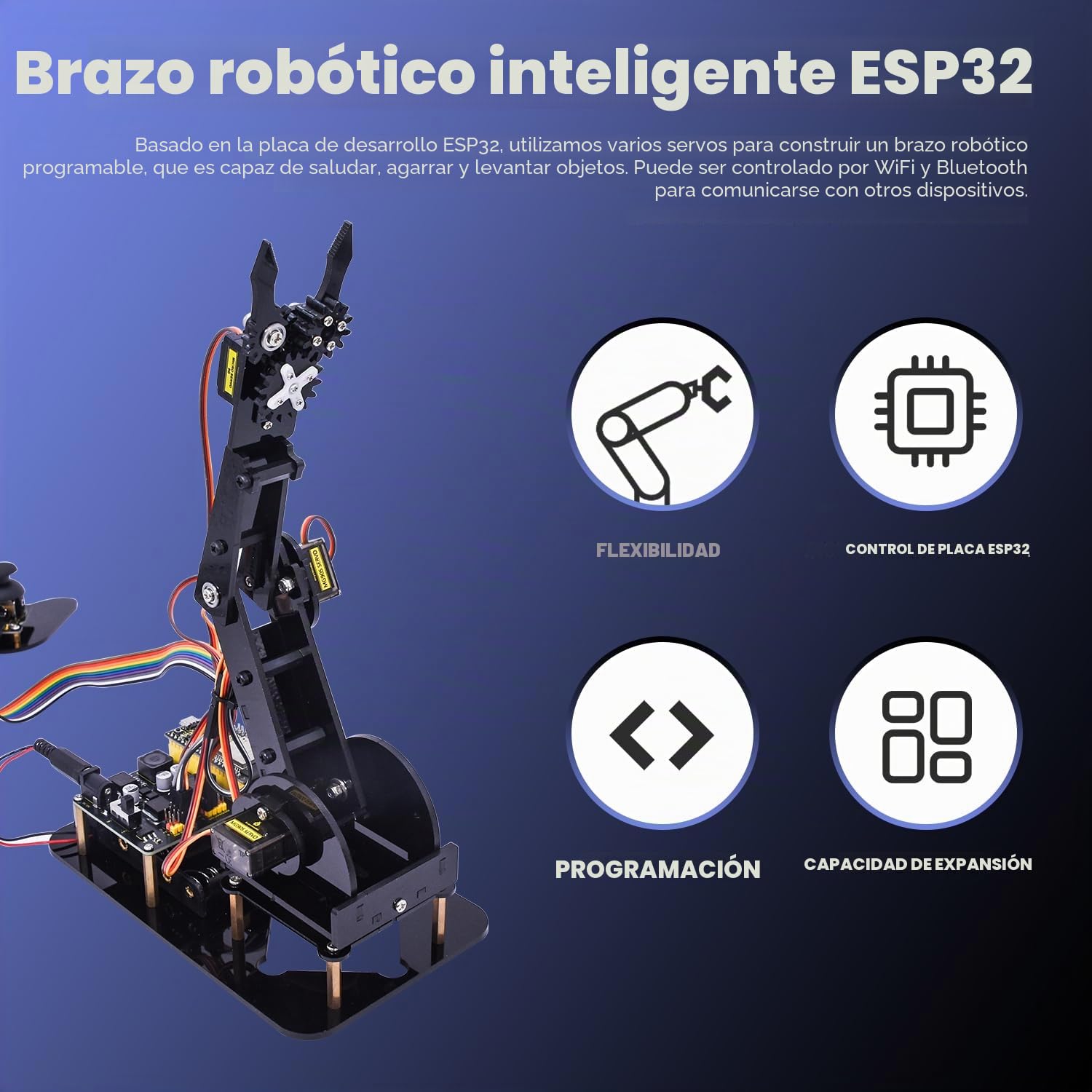KEYESTUDIO ESP32 Kit de Brazo de Robot Inteligente para Arduino con Joystick, Kit de construcción de Robot de programación DIY para educación, Brazo robótico 4DF para Adolescentes y Adultos