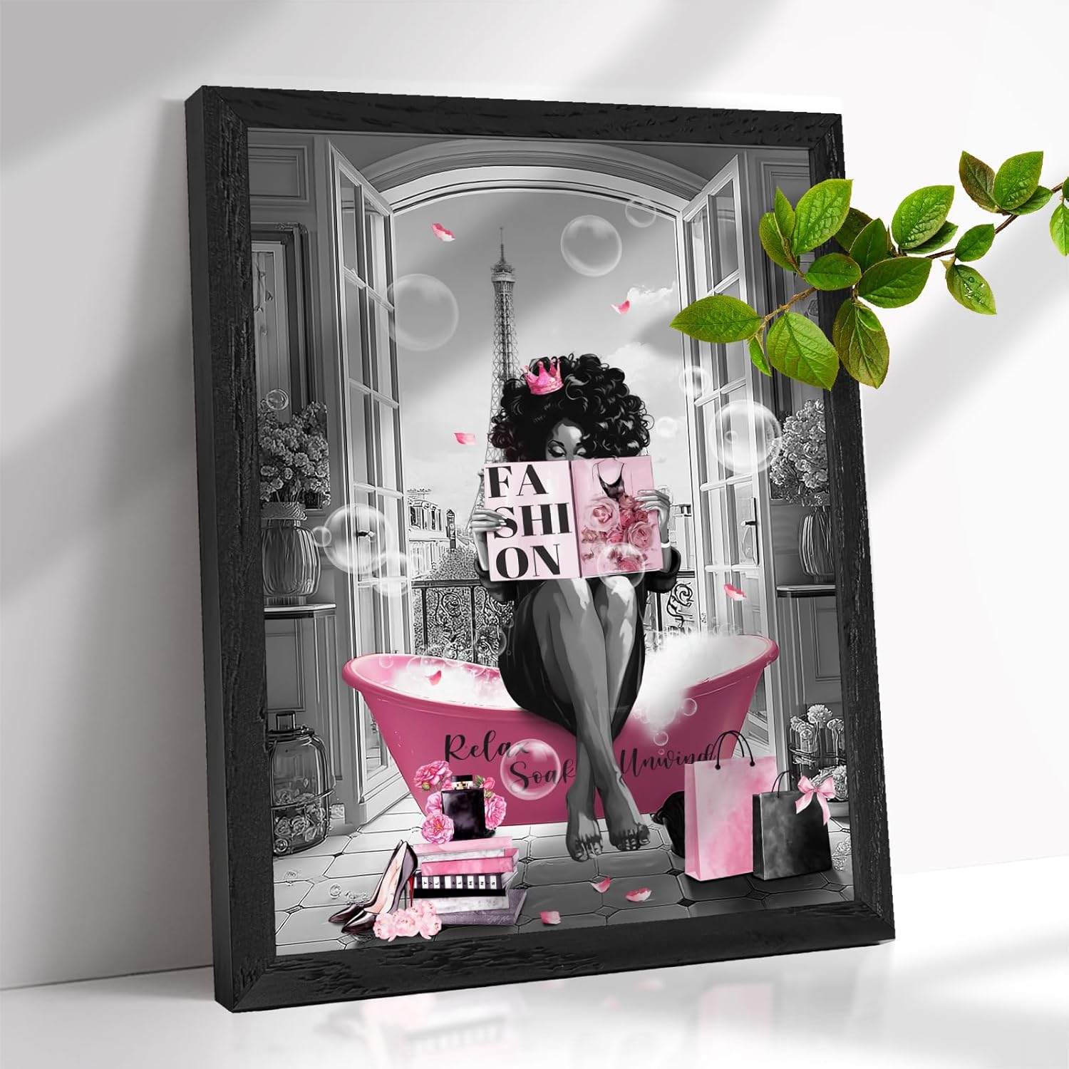 Fashion Pink Bathroom Decor Wall Art Pink Flower Perfume Pictures Canvas Wall Decor Framed Modern Black and White Striped Motivational Quetos Girly Makeup Room Artwork Painting For Bedroom 12x16 inch