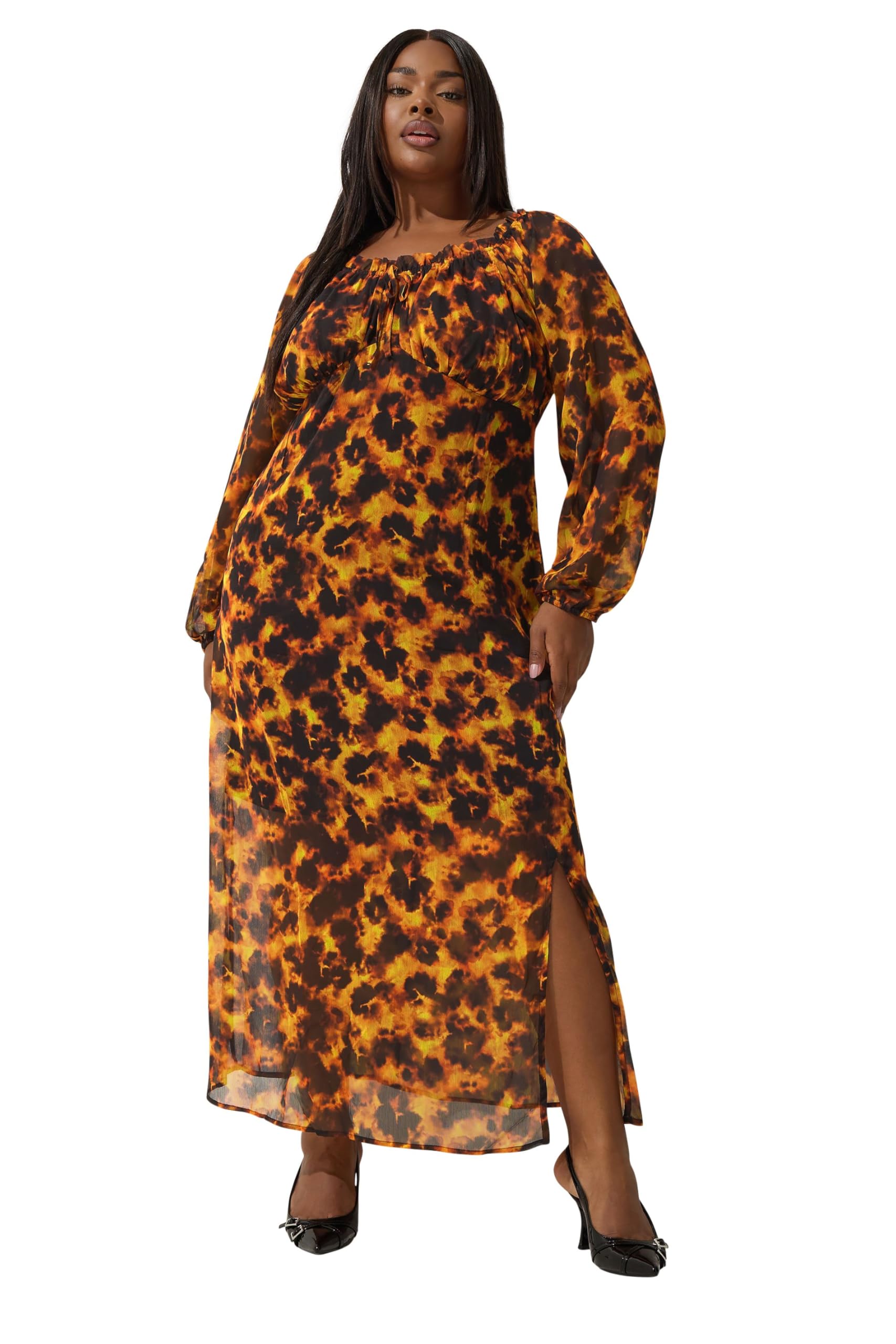 Yours Women's Brown Tortoise Shell Ruffle Maxi Dress In | Size: 18