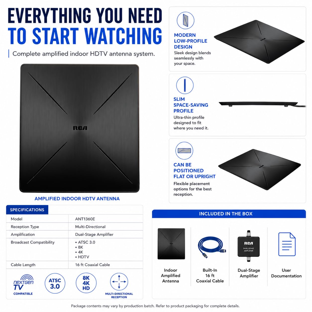 Antenna HDTV da interno amplificata RCA – Ricezione VHF e UHF multidirezionale, 4K/8K, 1080P, 40 Mile Range – ANT1360E