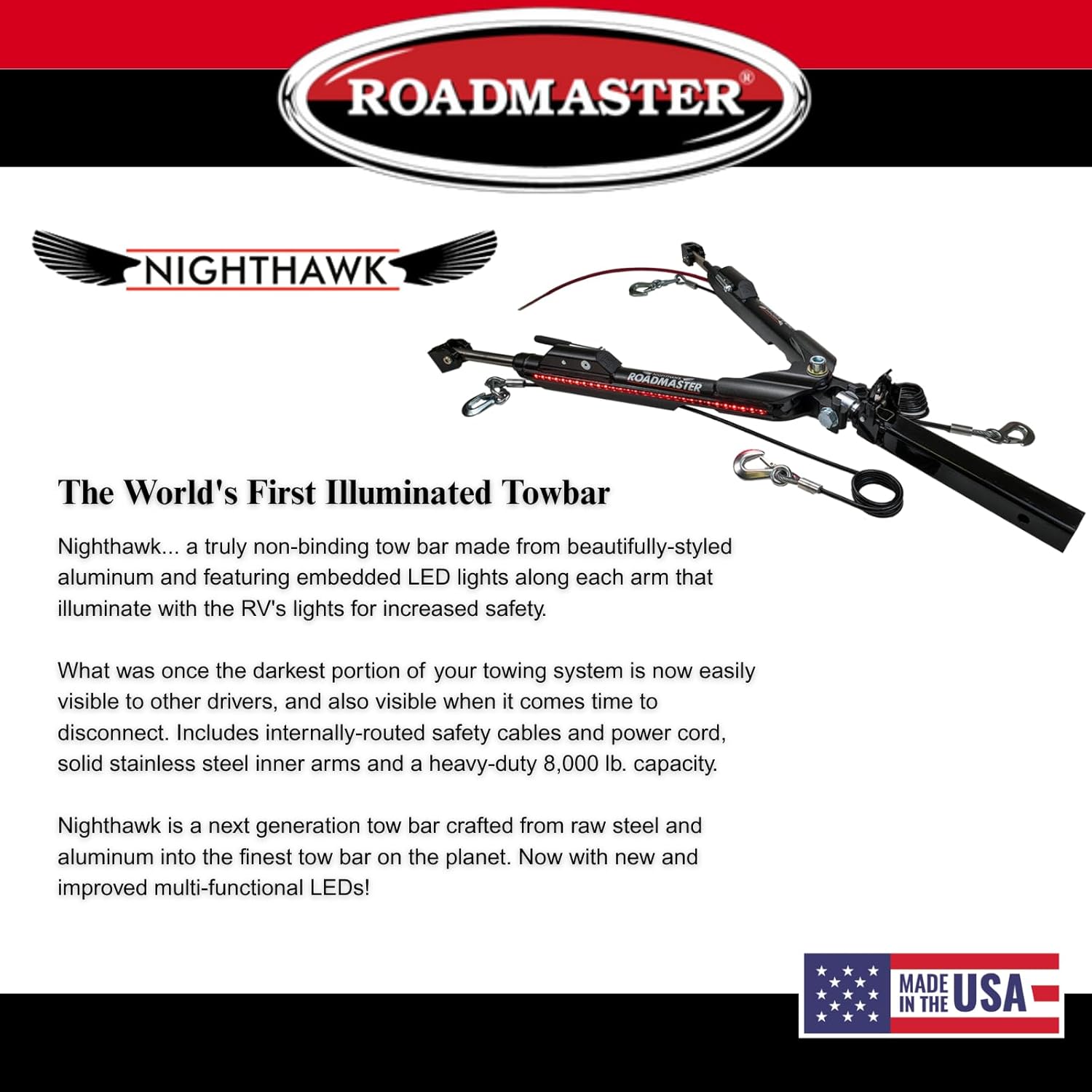 Roadmaster 676 Nighthawk Tow Bar fits Roadmaster Baseplates | Hauls Up to 8,000 lbs | Non-Binding Design | Multi-Functional LEDs | Proudly Made in The USA - Image 4