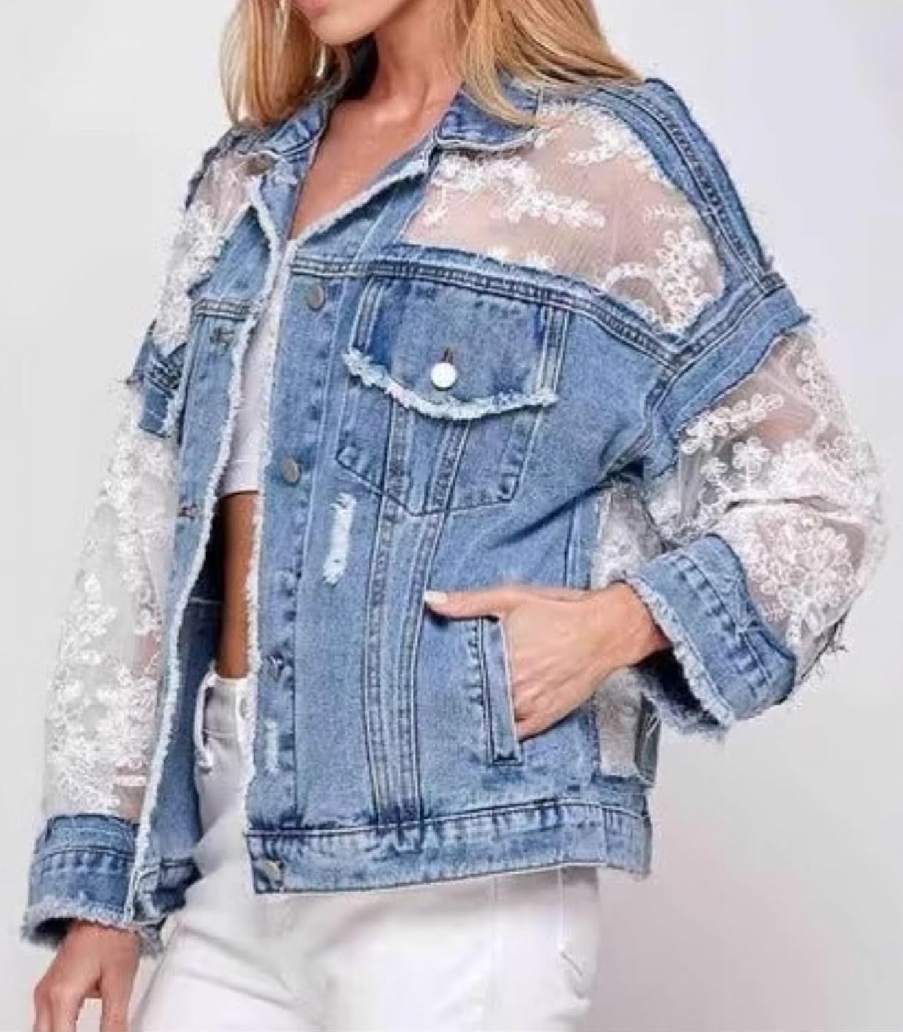 Women's Fall Denim Jackets Lace Embroidery Patchwork Ripped Jean Jackets Button Down Frayed Outwear Coat