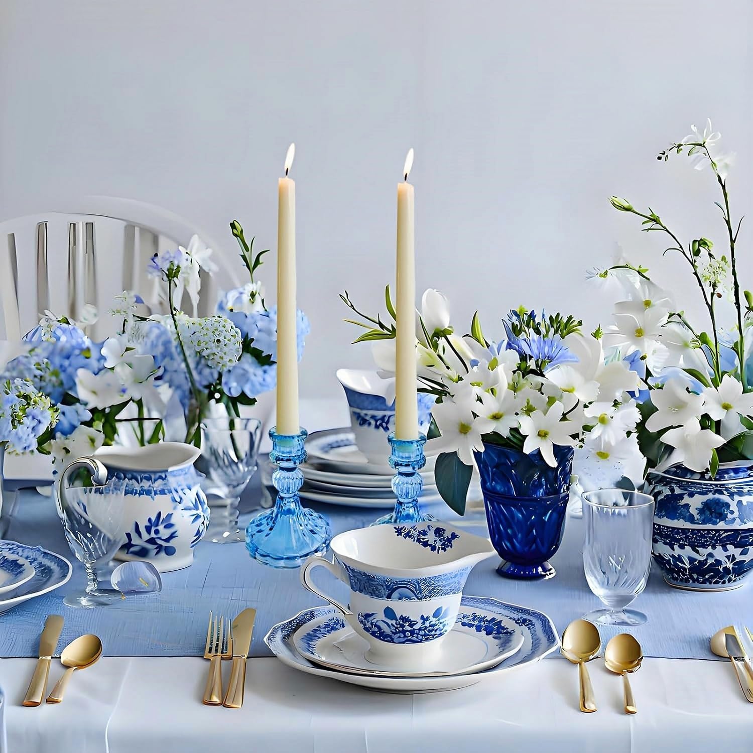 Glass Candlestick Holder,Striped Taper Candle Holders,Set of 6 Candle Stand for Table Centerpieces, Home Decor,Weddings,Festival and Parties (Blue Stripe Pattern) - Image 2