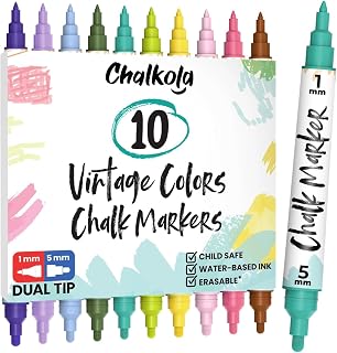 Chalkola Dual Tip Liquid Chalk Markers for Blackboard (10 Vintage Colors, 1mm+5mm Fine, Bold) - Pastel Dry Erase Marker Pens for Chalkboards Signs, Car Windows, Glass - Erasable Chalkboard Markers