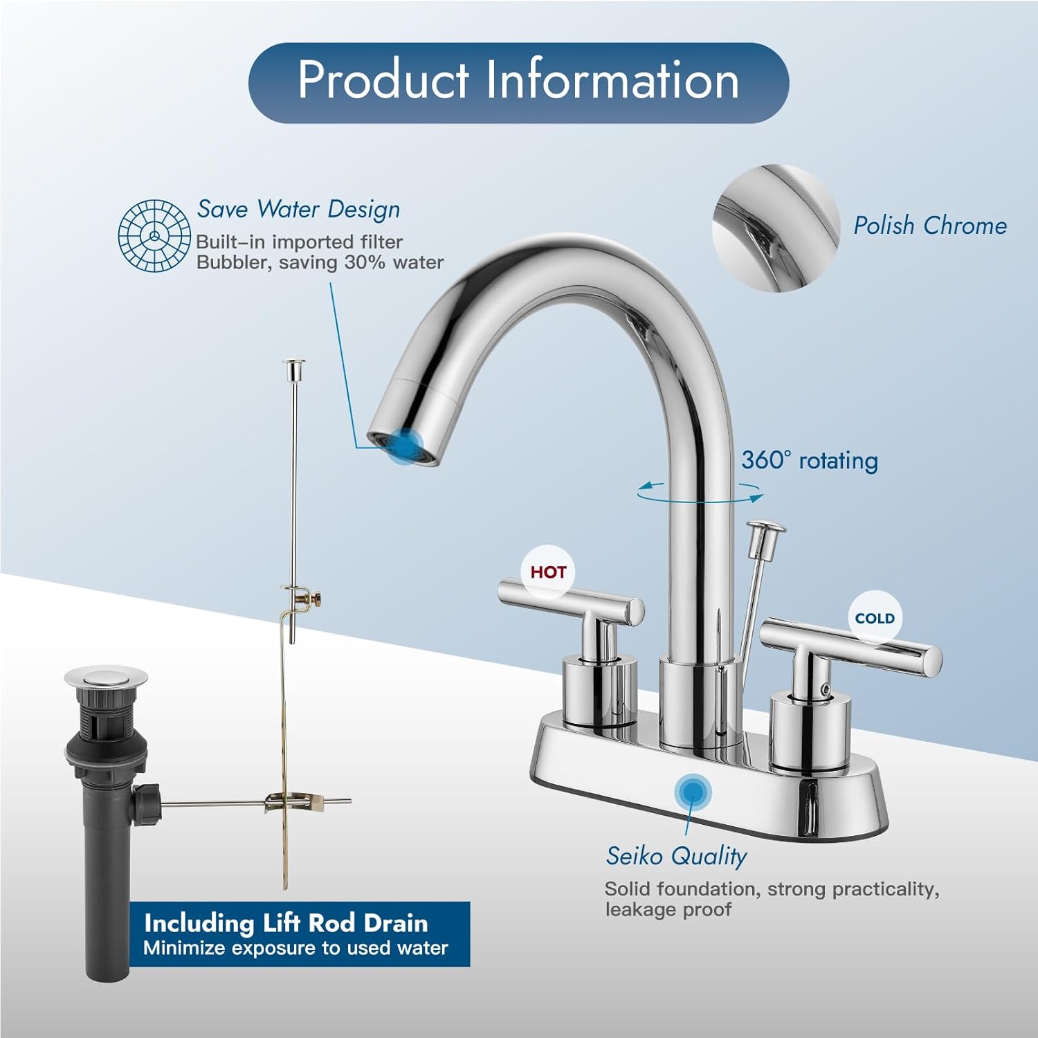 4 Inch Centerset Bathroom Sink Faucet 3 Holes 2 Handle Bathroom Faucets with Lift Rod Drain Stopper Vanity Faucet 360° Swivel Spout Lavatory RV Faucet Mixer Tap,Polish Chrome