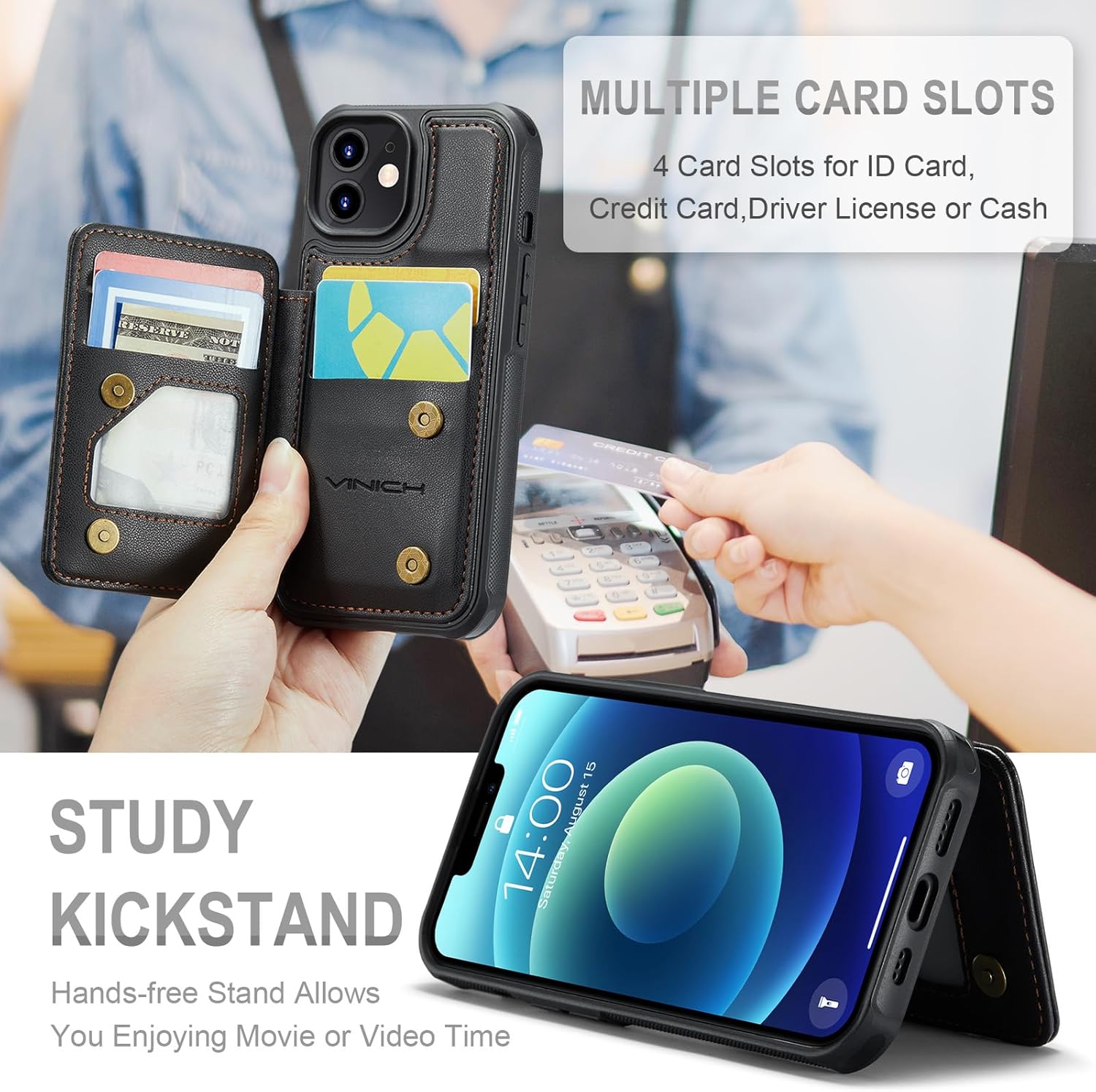 Vinich for iPhone 12/12 Pro Wallet Case with Card Holder, RFID Blocking Credit Slots Kickstand Shockproof Phone Cover Fit for iPhone 12/12 Pro 6.1" Black - Image 4