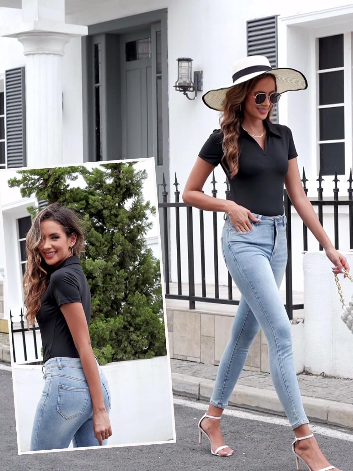 SHAPERIN Women Long Sleeve Bodysuit V Neck Polo T-shirt Basic Top Collared Body Suit Jumpsuit - Image 3