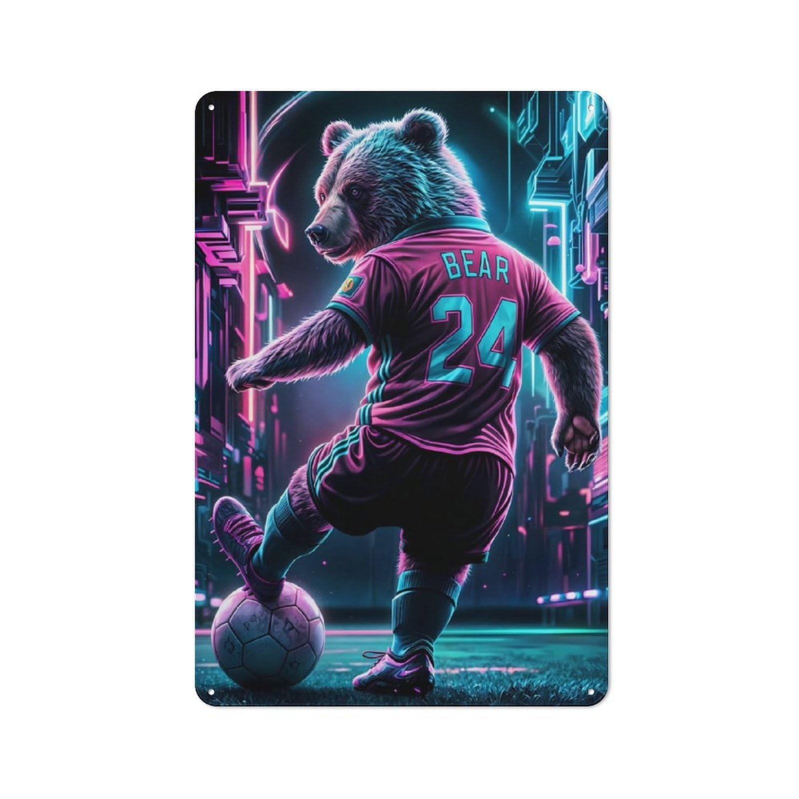 Junmoney Bear Playing Football Printed Metal Sign, Clean Printed Wall Decor For City Themed Room, Study Or Gallery Wall, 30X20cm