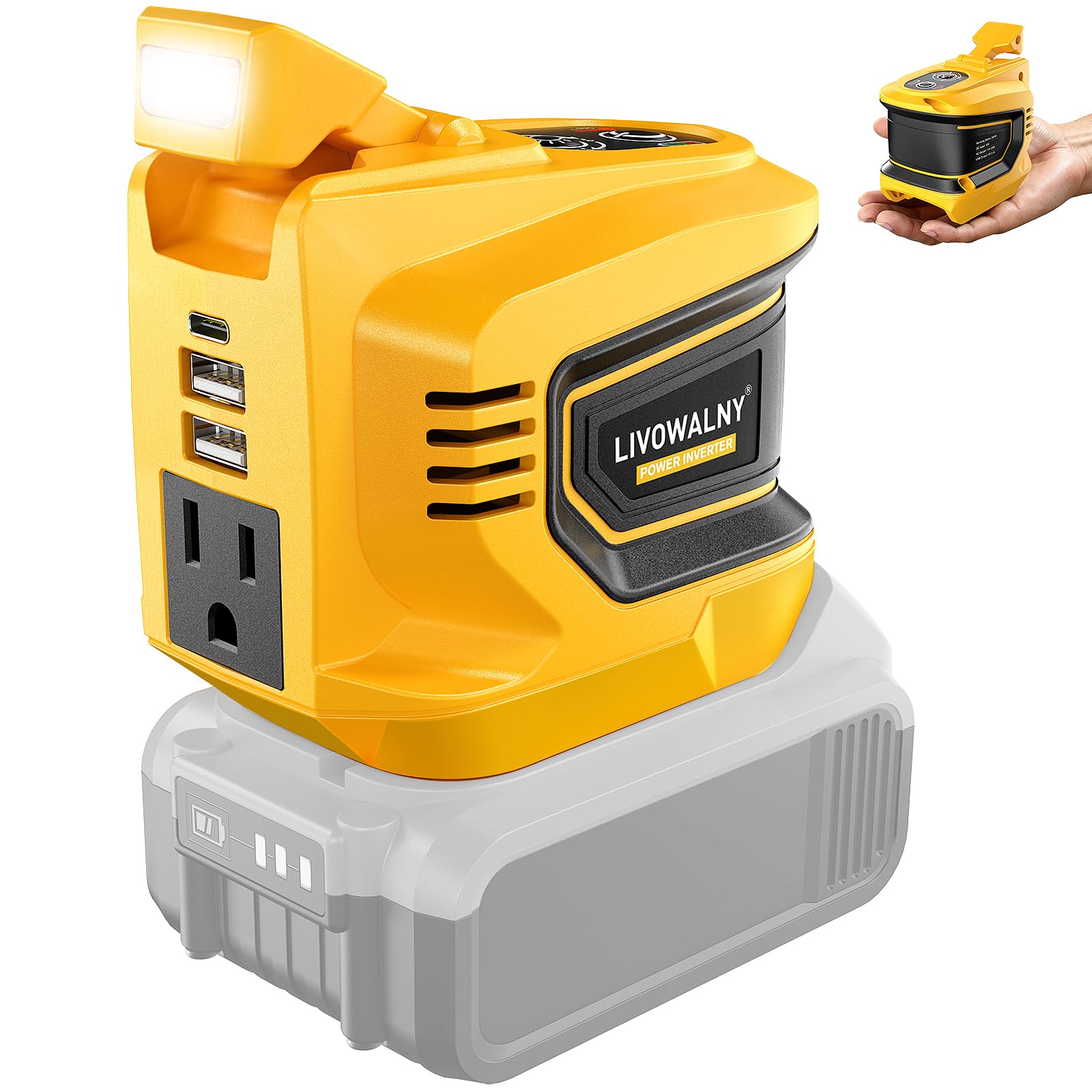 Real 200W Power Inverter Compatible With Dewalt, DC 20V to AC 110-120V Battery Inverter, LIVOWALNY Portable Power Station Generator, Charger Adapter Battery Powered with 2 USB & 1 Type-C & 1 AC Outlet