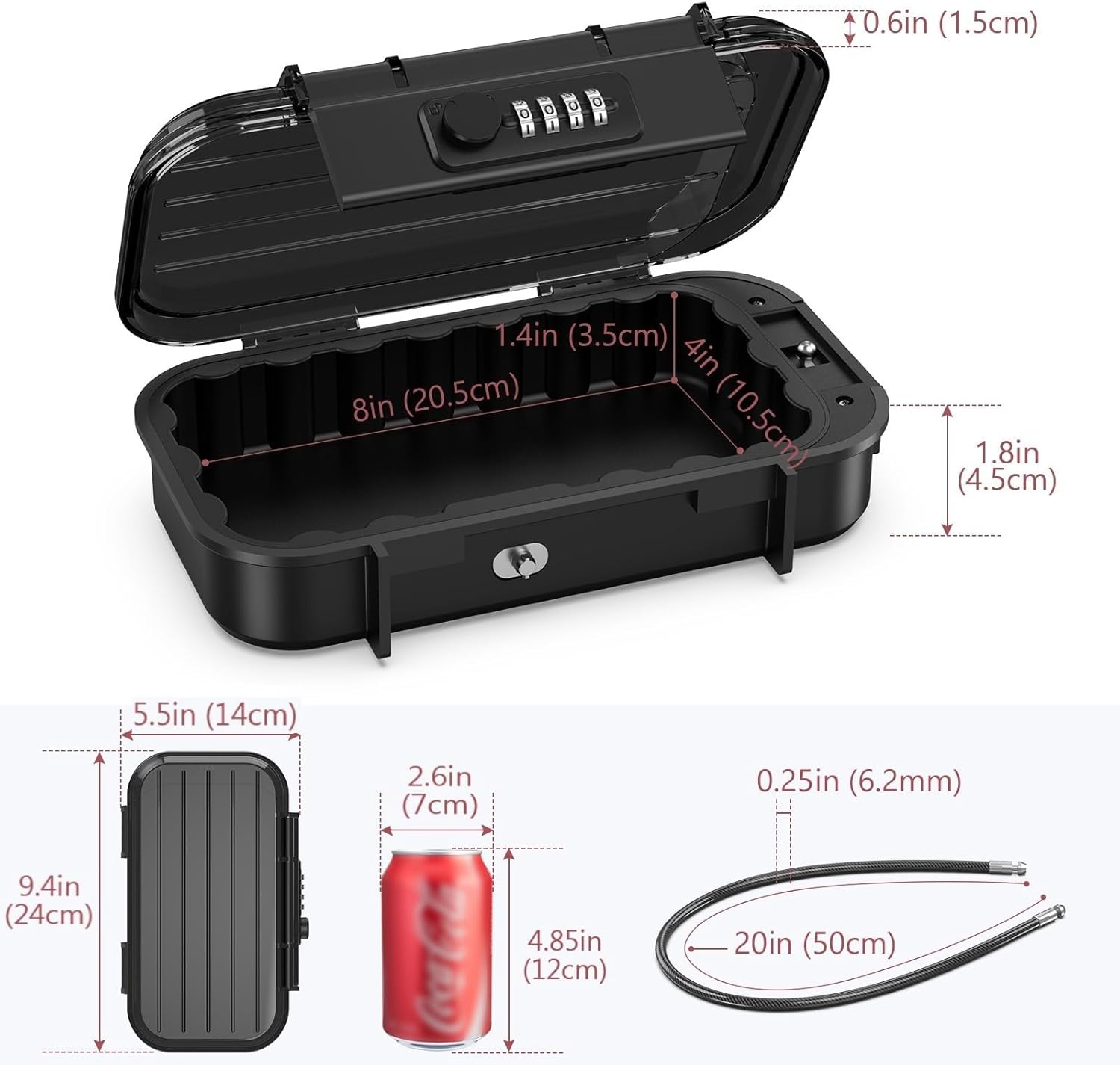 LOFICOPER Portable Lock Box, Beach Security Box for Travel, Anti-Theft 4-Digit Combination Lock Box, Cash Box with Removable Wire Rope for Dorm, Gym, Travel, Hotel, Office