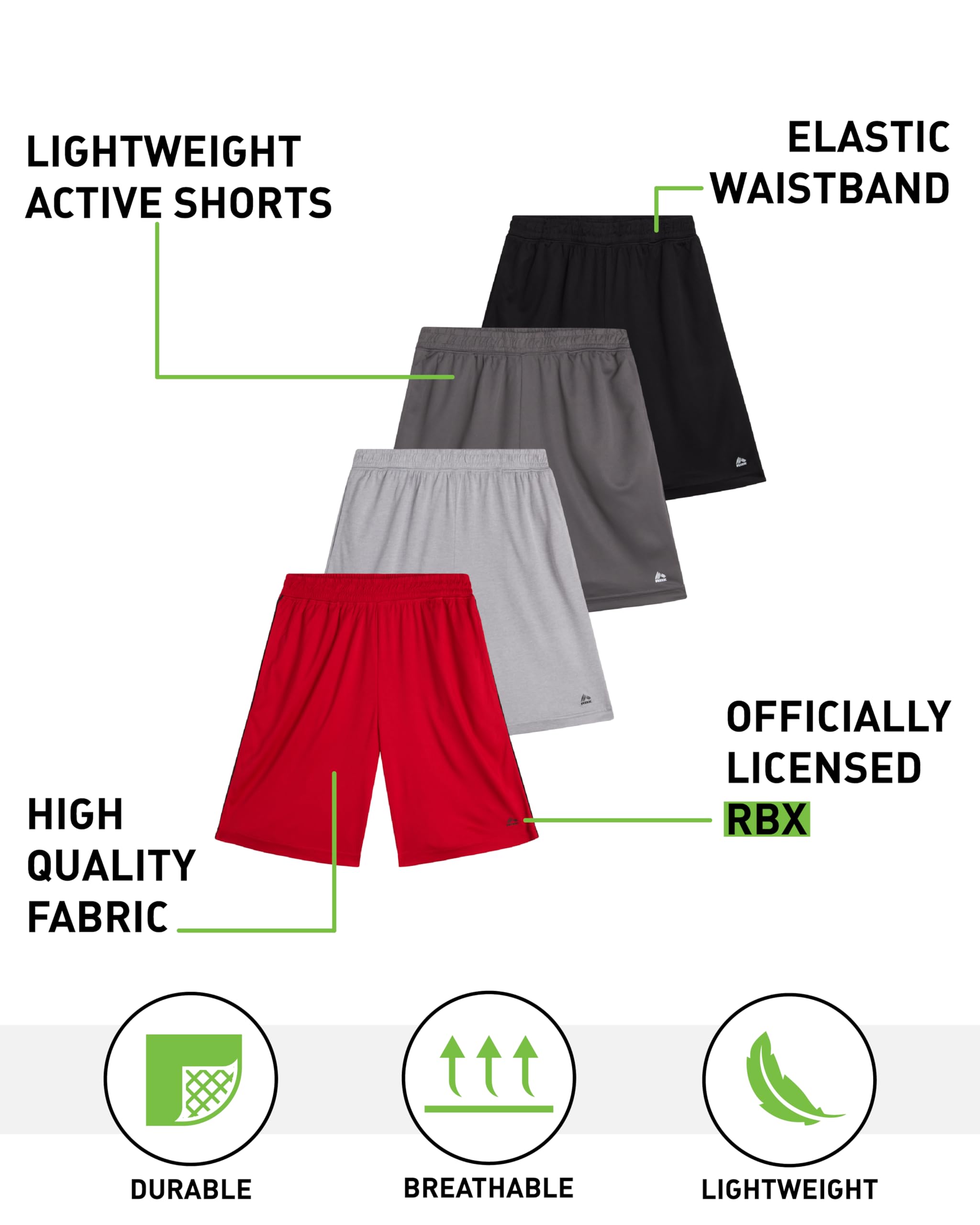 RBX Lot de 4 shorts de sport pour garçons en maille polaire pour la course, la gym, le basket-ball et le sport (tailles : 8 à 16)