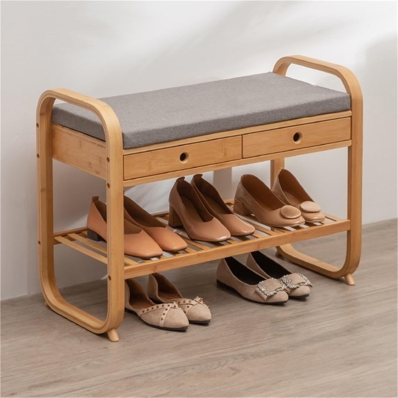 IvyLoutish Shoe Bench with Storage Shelf Bamboo Entryway Bench with Drawer and Cushioned Seat Shoe Rack Change Shoe Stool for Hallway Living Room,Ideal for Home