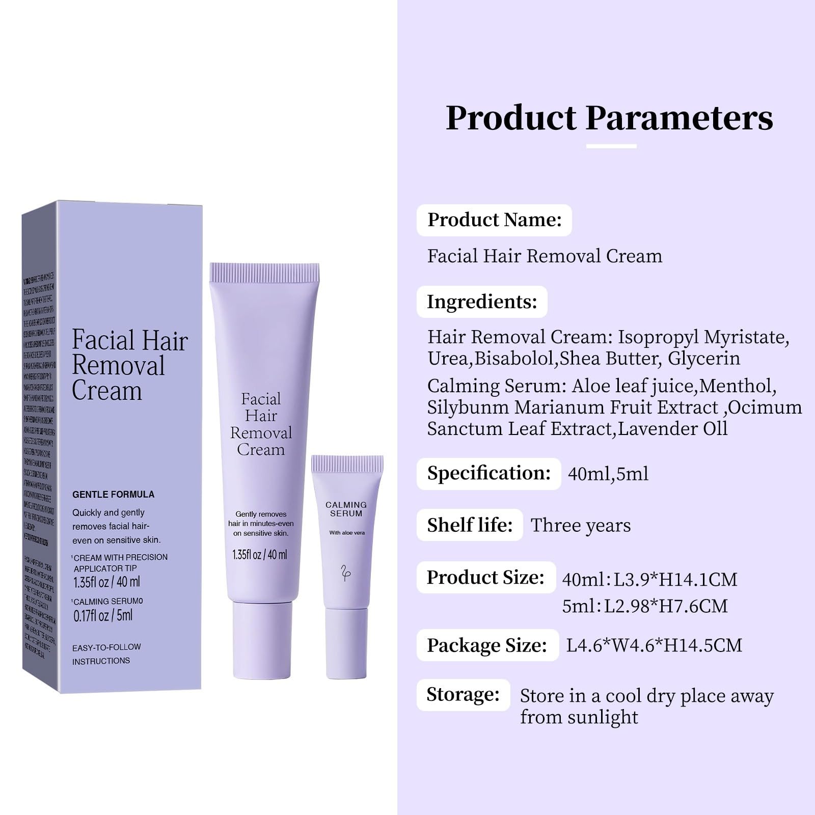 Krem do usuwania owłosienia twarzy, zestaw 40 ml + 5 ml kojące serum, delikatna formuła do skóry wrażliwej, szybkie i bezbolesne usuwanie włosów do górnych warg, brody, baków, wszystkich rodzajów