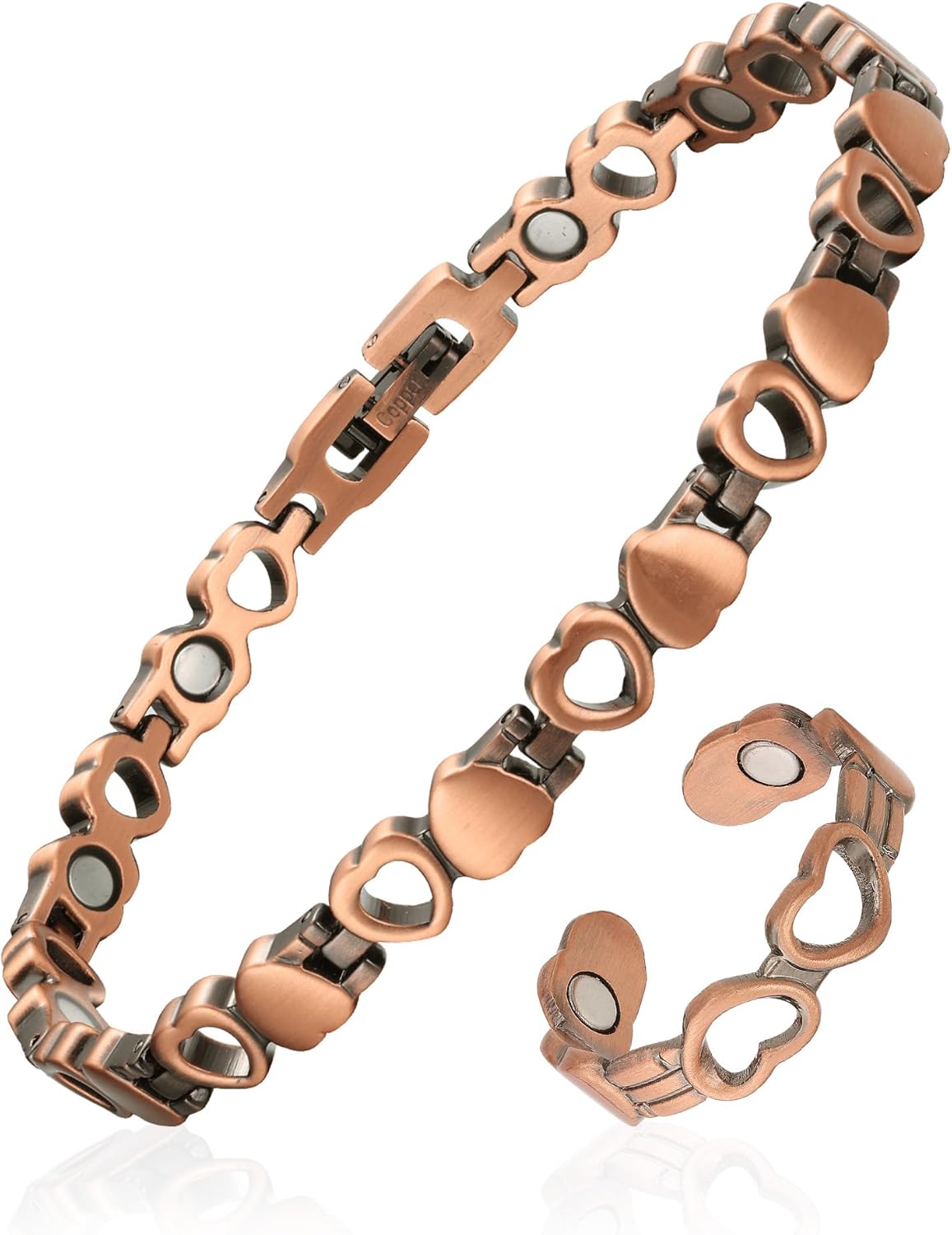 99.99% Pure Copper Magnetic Bracelet and Ring Set for Women, Heart Wire Design Adjustable Jewelry with 3800 Gauss Magnets, Elegant Gift Box