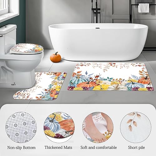 Miniatura 4 de Cortina de ducha de calabaza de otoño, 4 piezas, juego de cortina de ducha de calabaza con hojas de eucalipto de Acción de Gracias, decoración de