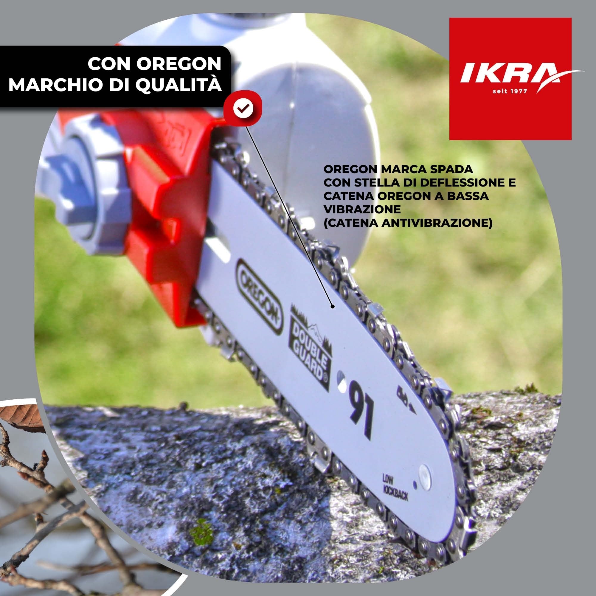 IKRA potatore telescopico elettrico IEAS 750, lunghezza di taglio 185 mm, con 2 catene e tracolla incluse