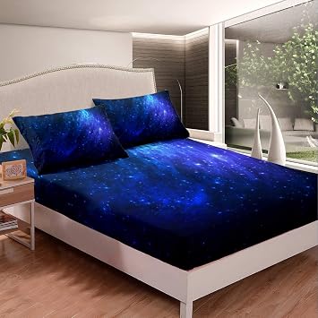 Galaxy Print Bedding Set Chic Blue Starry Sky Fitted Sheet for Kids Boys Girls Teens Out Space Milky Way Bed Sheet Set Mystery Glitter Bed Cover Room Decor Double Size