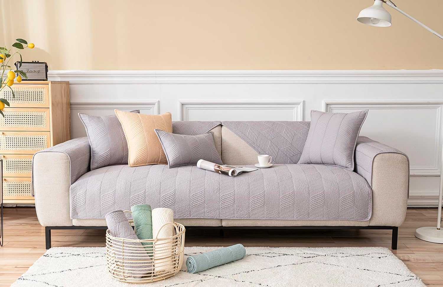 Solid Color Cotton Quilted Sofa Cover Sectional Soft Sofa Slipcover Non-Slip Sectional Couch Covers Anti Cat Scratch Armrest Backrest Recliner Cover (Beige,36''x28'')