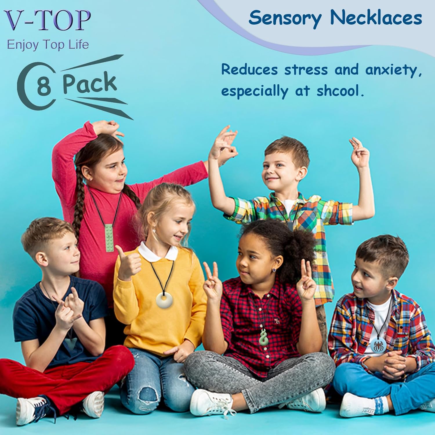 8 Pack Chew Necklaces for Sensory Kids and Adults, Chewy Necklace Sensory Toys for Autism, ADHD, SPD, Chewing, Nail Biting, Silicone Toddler Oral Chew Toys for Boys and Girls Reduce Fidget Anxiety