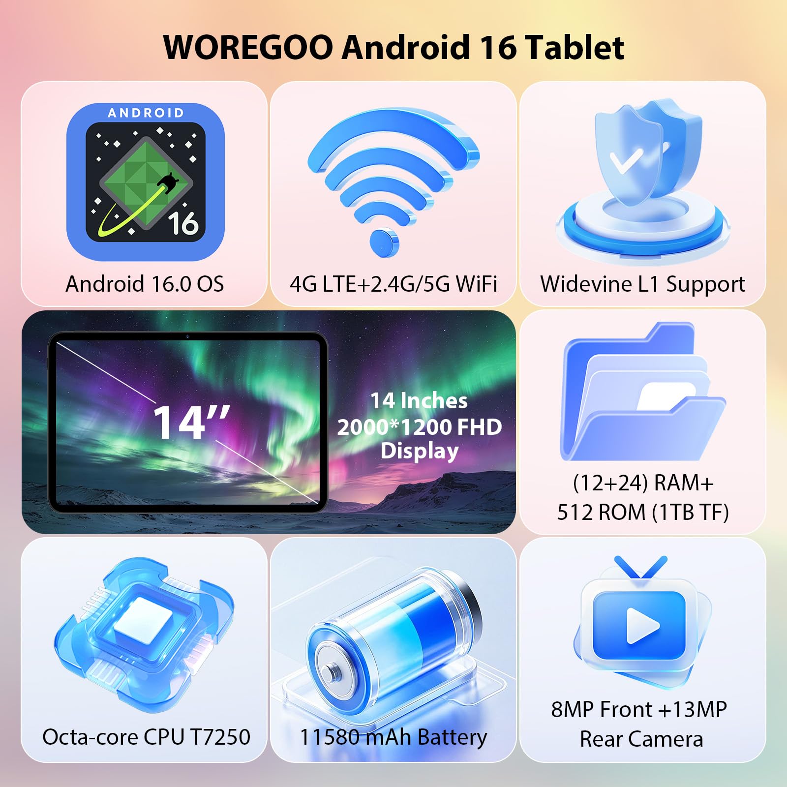 Tablette Android 16 de 14 Pouces, 4G LTE et Wi-FI 5G, Tablet Octa-Core, 36Go RAM+512Go ROM (1To TF), Affichage 2000x1200, Widevine L1/8+13 MP/11580 mAh/GMS/GPS, avec Clavier+Souris (Gris)