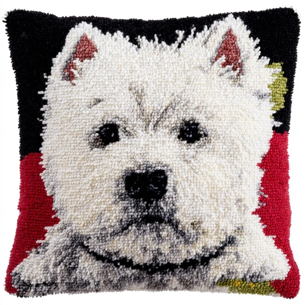 FWRTYCB Latch Hook Kits Pillow Black and White Dog Westie Crochet Yarn Hoo